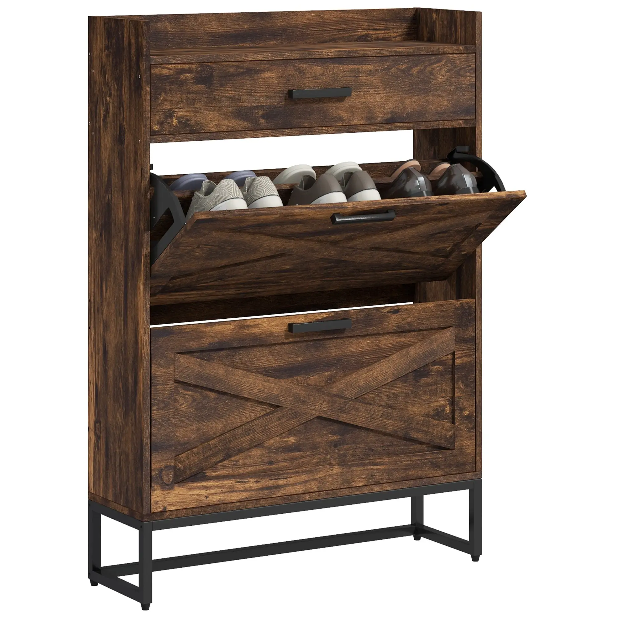 Industrial Narrow Shoe Cabinet with 2 Flip Drawers & Top Drawer for 12 Pairs, Rustic Brown