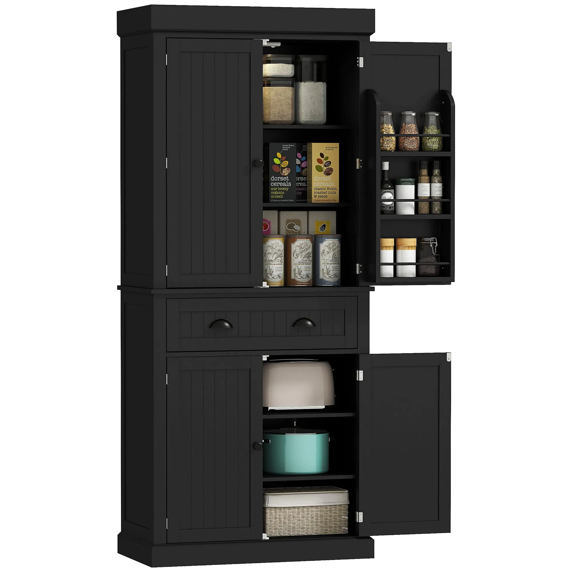 71" Tall Pantry Cabinet with LED Motion Sensor Light, Freestanding Kitchen Pantry with Adjustable Shelves, Black