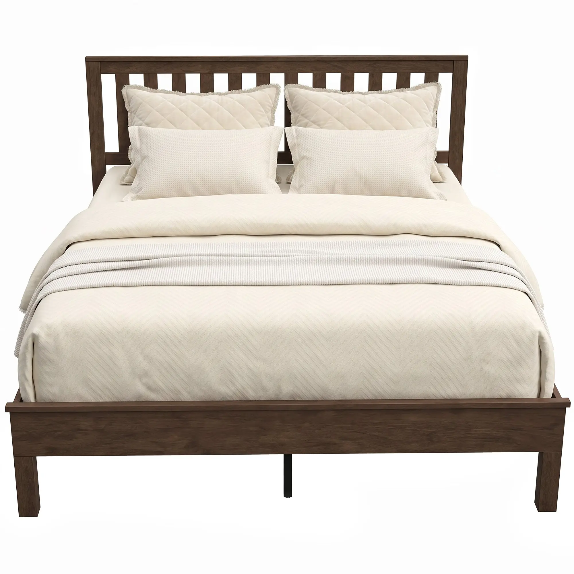 Queen Size Platform Bed with Headboard & Footboard, Walnut, Slatted Support