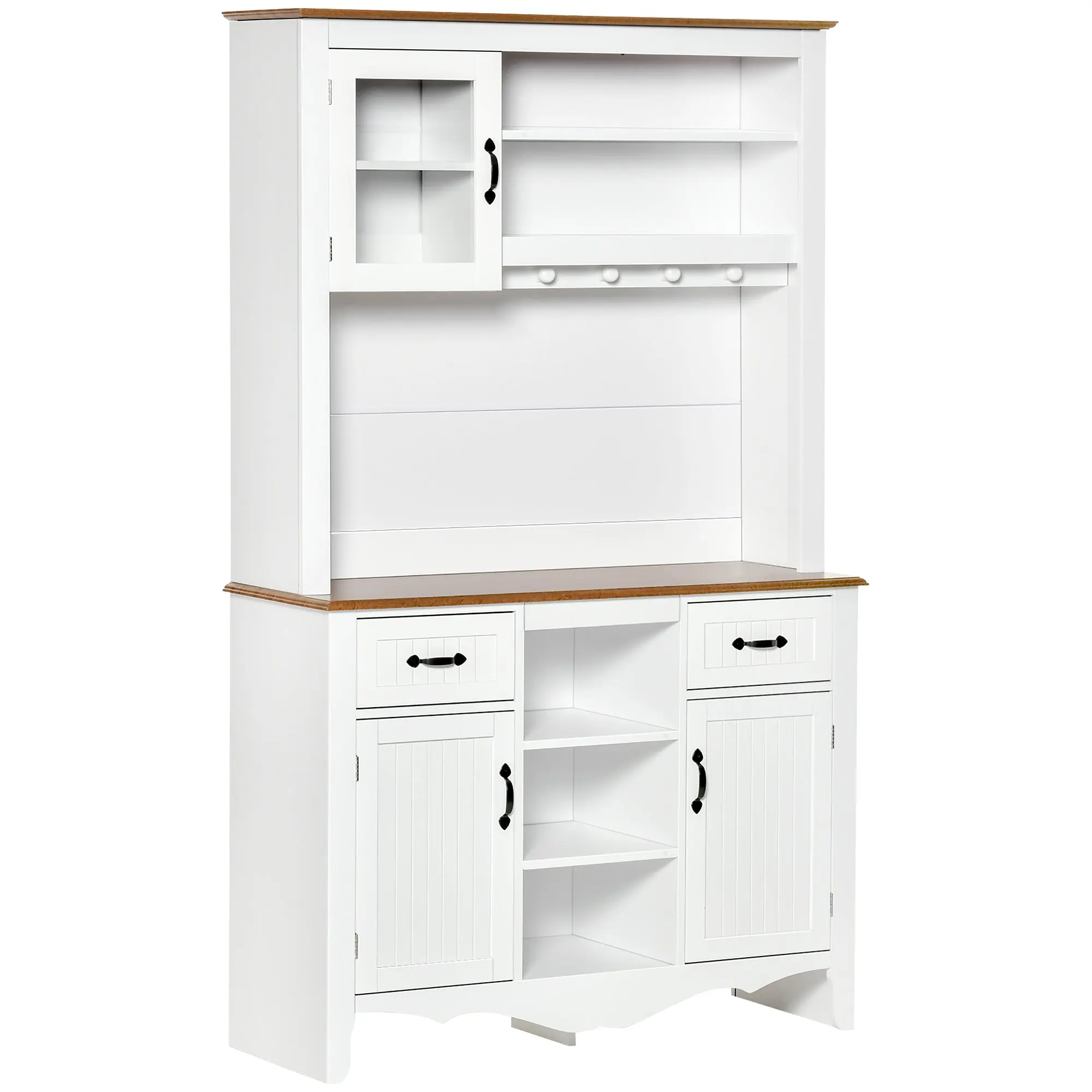71" Kitchen Pantry, Buffet with Hutch, Farmhouse Style Storage Cupboard with Utility Drawer, 3 Door Cabinets and 5-tier Shelves, White