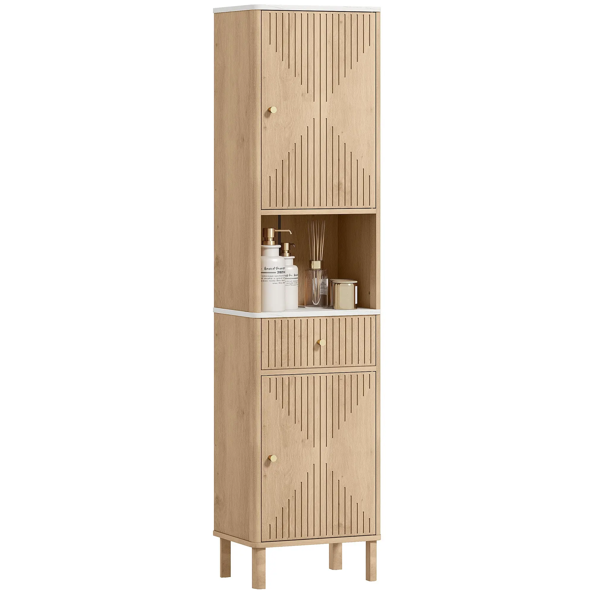 66" Tall Slim Bath Cabinet with Silent-Glide Drawer & Adjustable Shelves, Oak