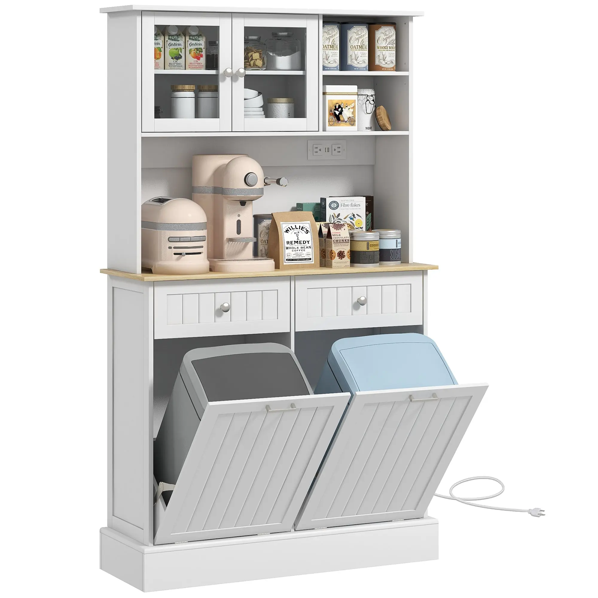 68" Kitchen Cabinet w/ Charging Station, 2 Tilt Out Cabinets & Microwave Stand, White