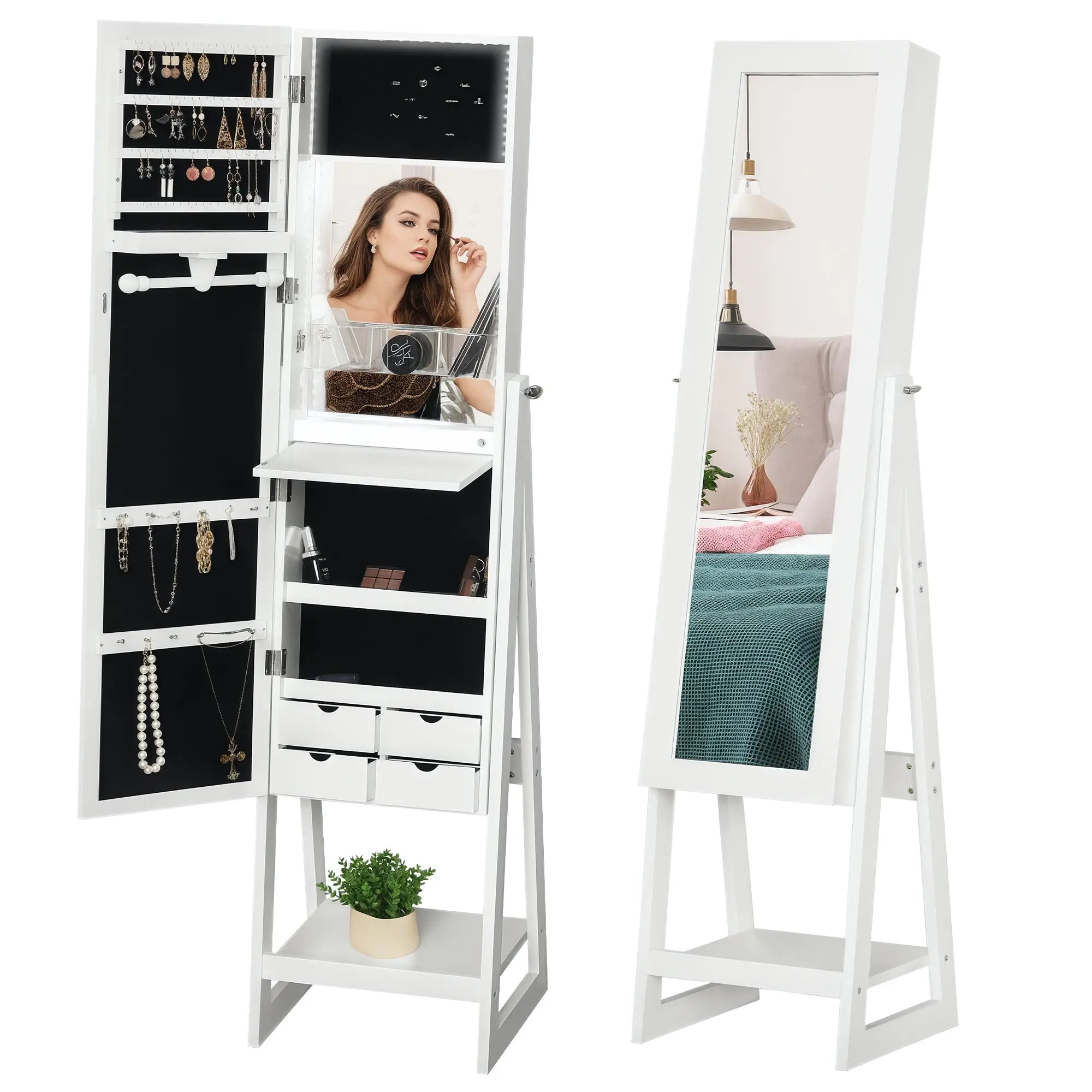 Full-Length Mirror Jewelry Cabinet with LED, Hooks, Shelves & Drawers, White