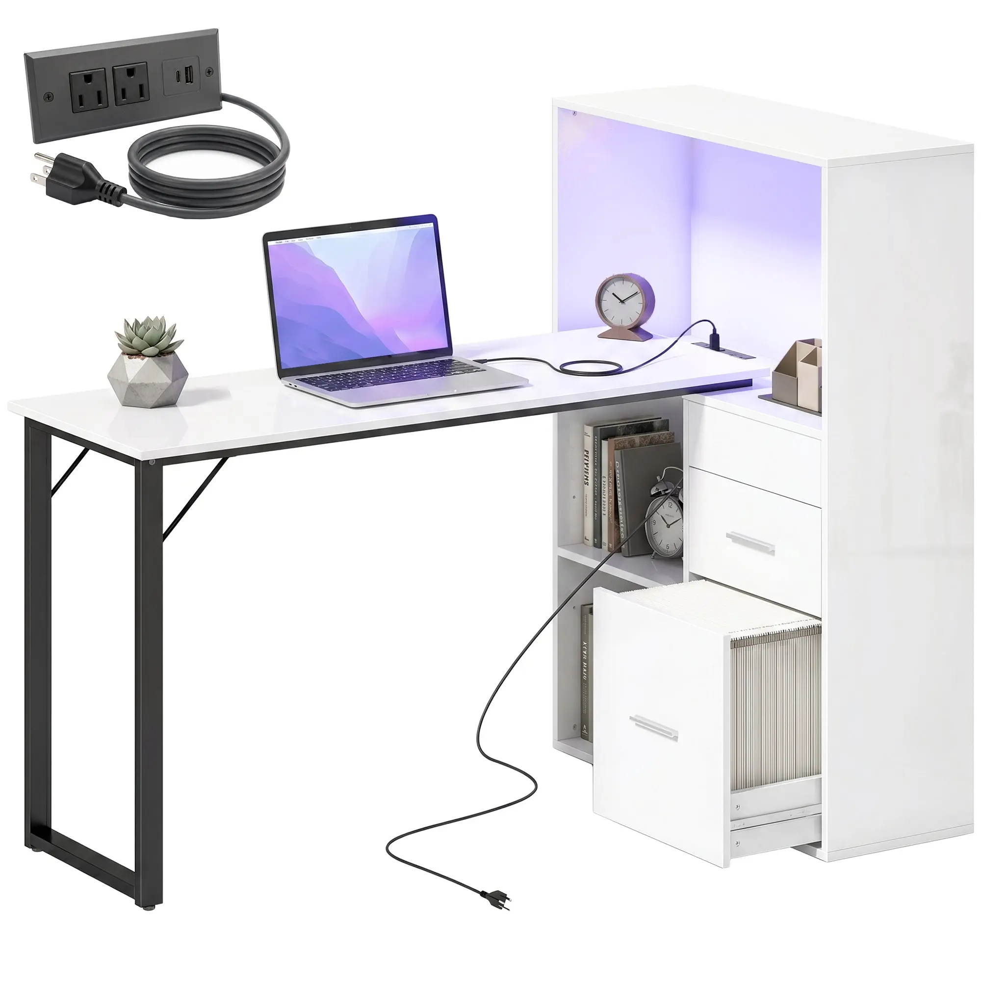 54" Computer Desk with Drawers, Power Outlets & LED Lights, File Drawer and Open Shelves, White