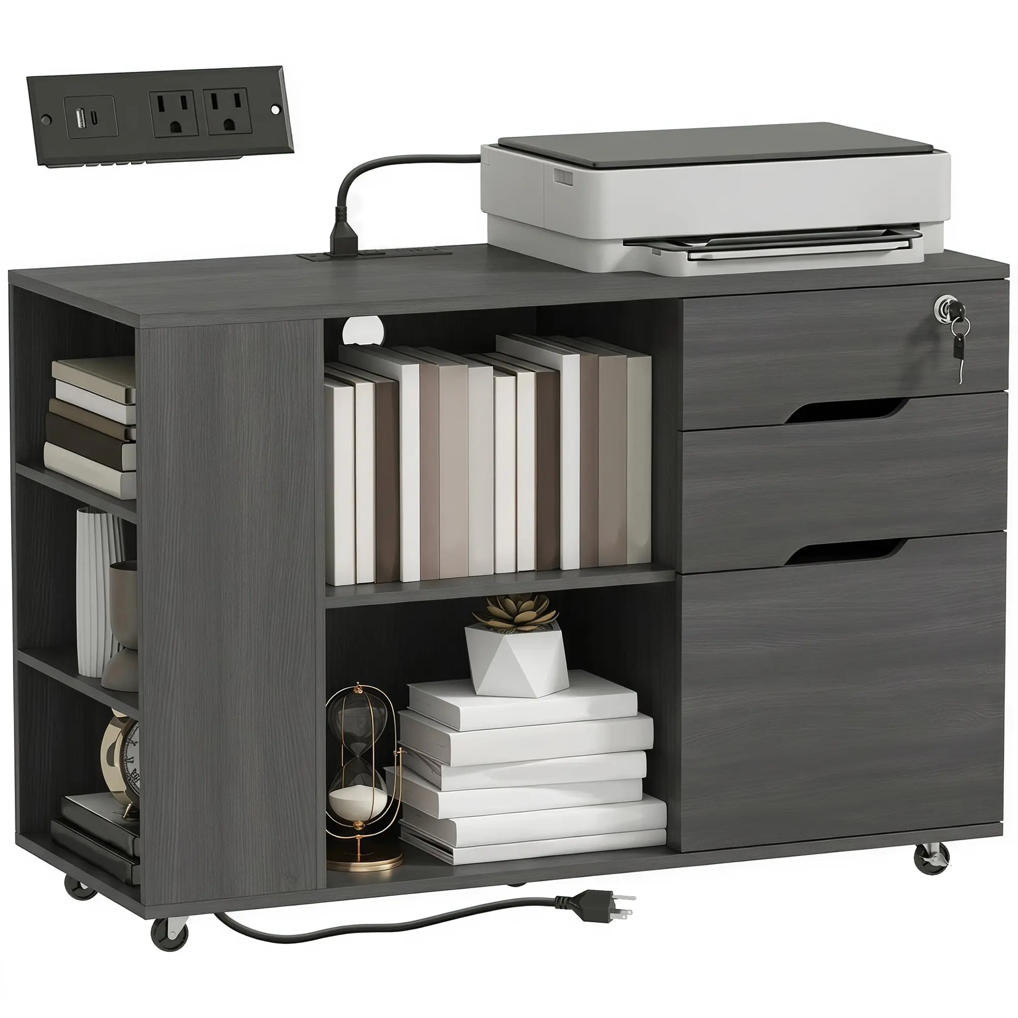 Lateral File Cabinet with Power Outlets & Locking Casters, A4 & Letter, Black
