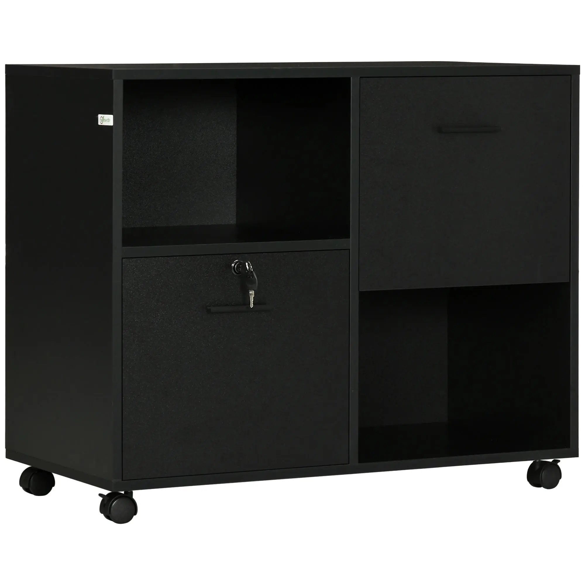 Mobile Lateral File Cabinet with Drawers and Lock, Printer Stand with Open Shelves, Black