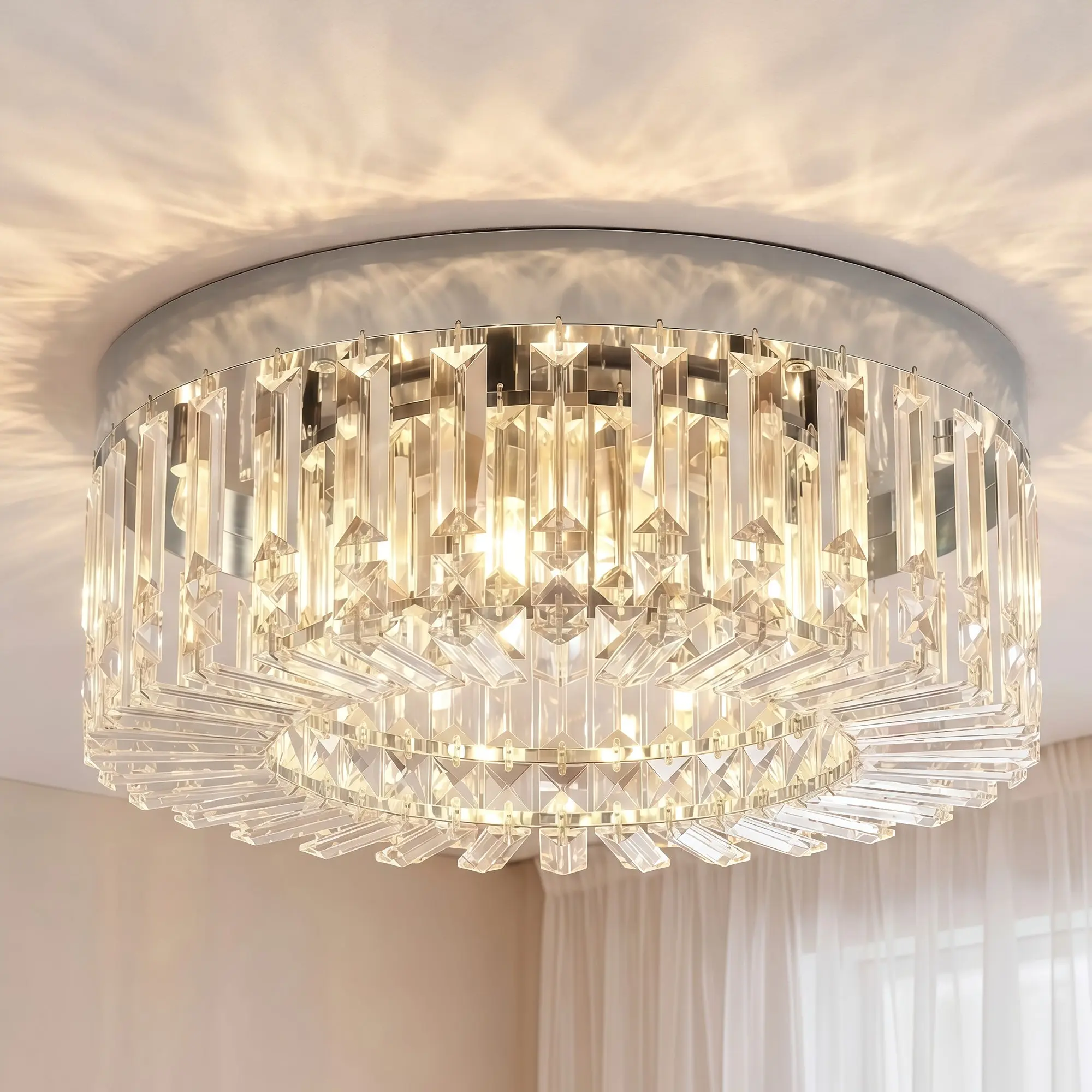 Elegant Crystal Droplet Chandelier, 6-Light Flush Mount Ceiling Light, Silver Tone