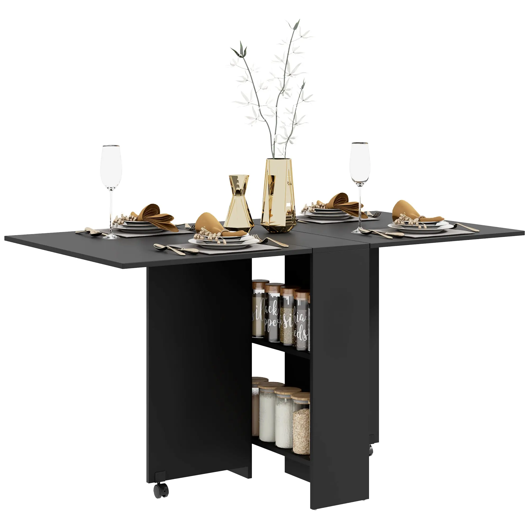 Folding Dining Table, Drop Leaf Table for Small Spaces with Rolling Casters, Black