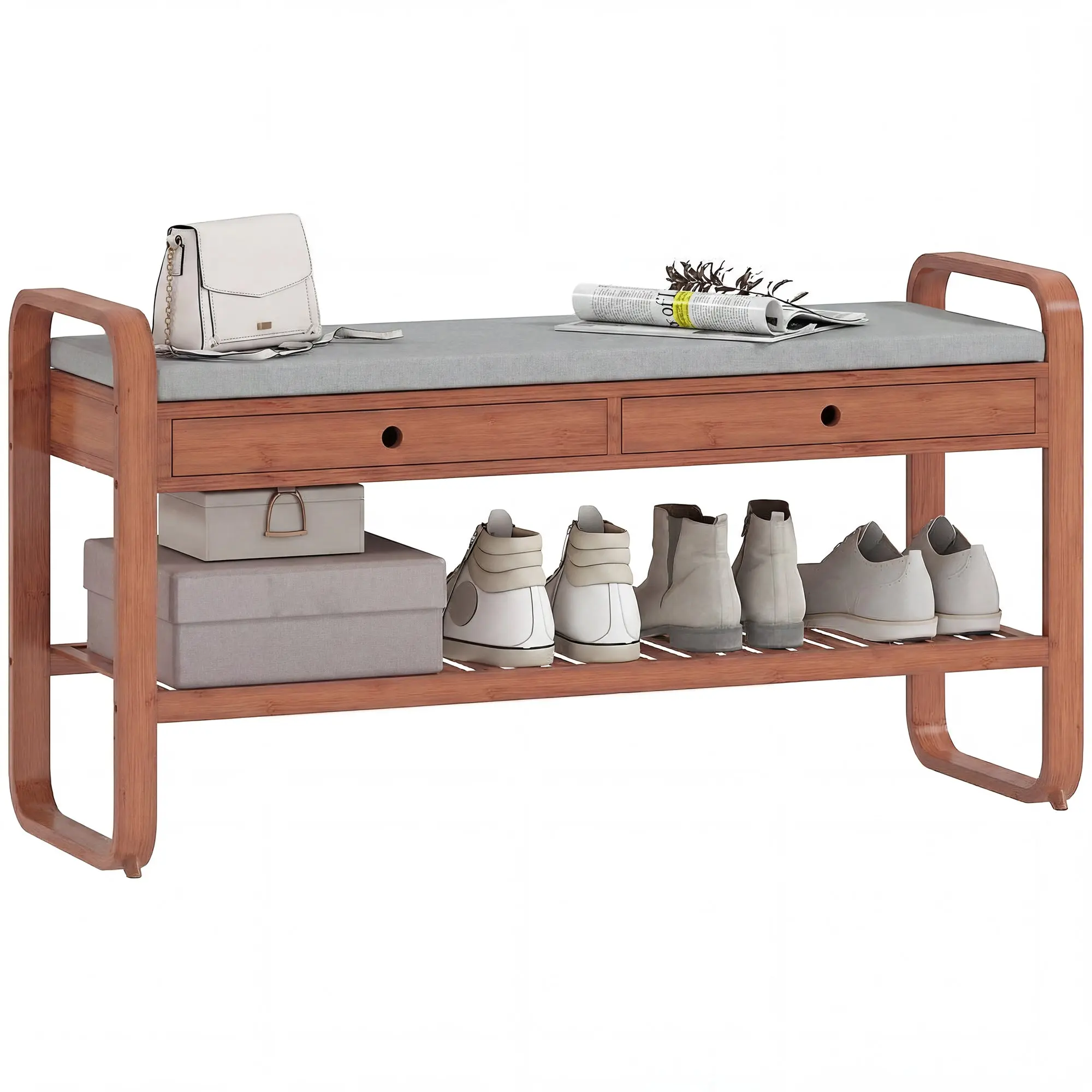 Shoe Bench with 2 Drawers, Cushioned Seat and Shelf, Bamboo Frame, 105 x 33.2 x 55 cm, Dark Brown and Grey