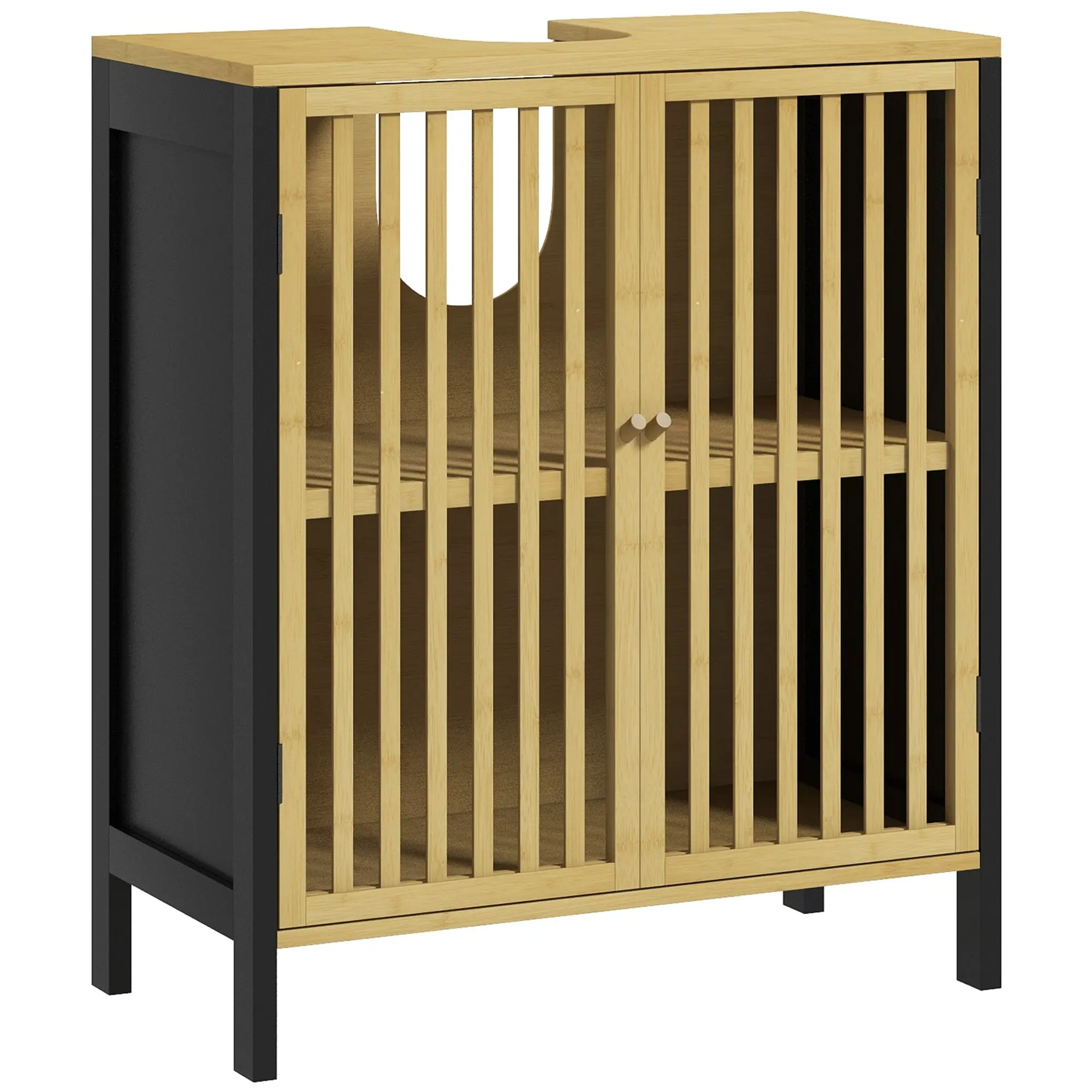 Under Sink Bathroom Cabinet with Adjustable Shelf and U-Shape Slot, Natural and Black
