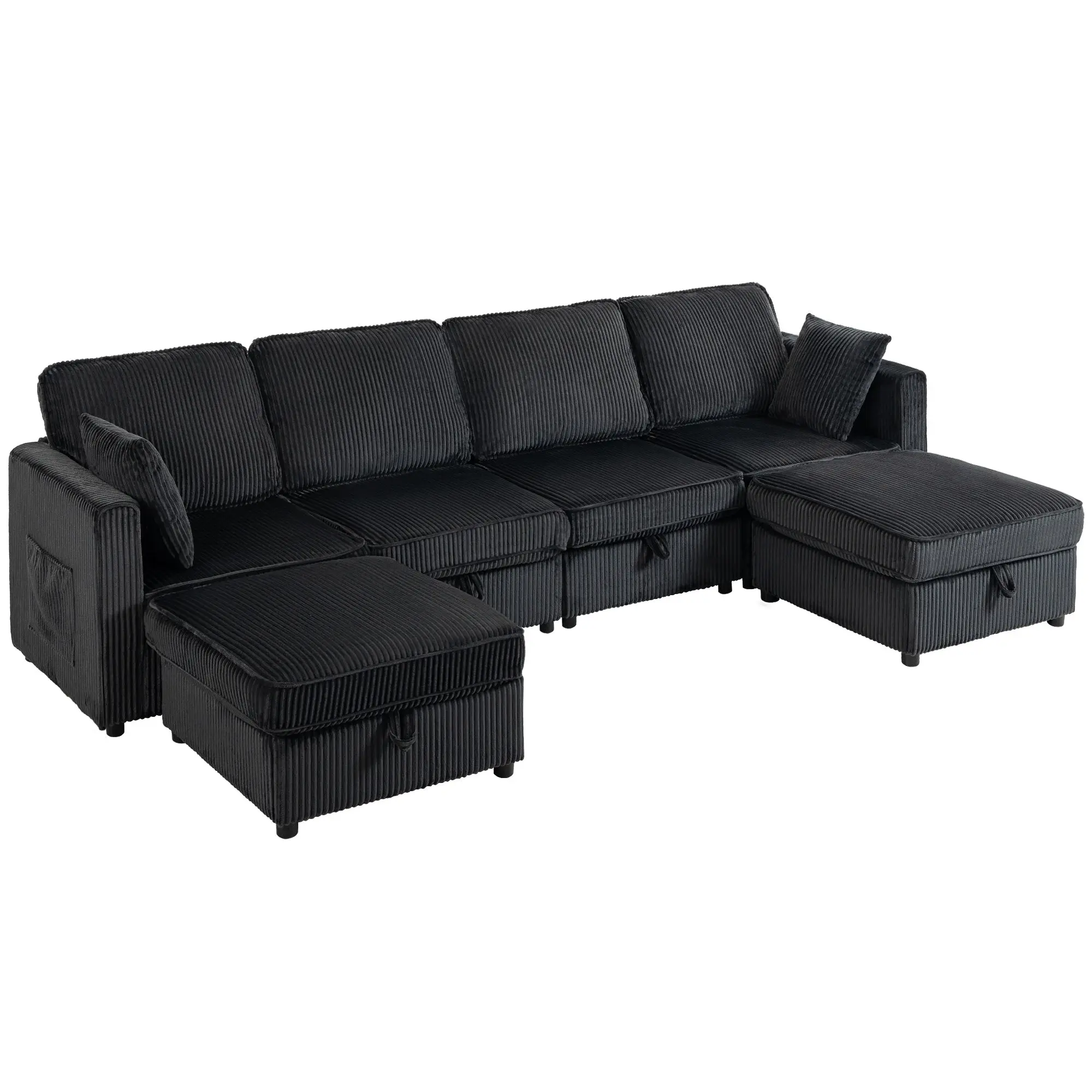 306cm 4-Seater U-Shaped Modular Sofa with Dual Storage Ottoman Corduroy Dark Grey