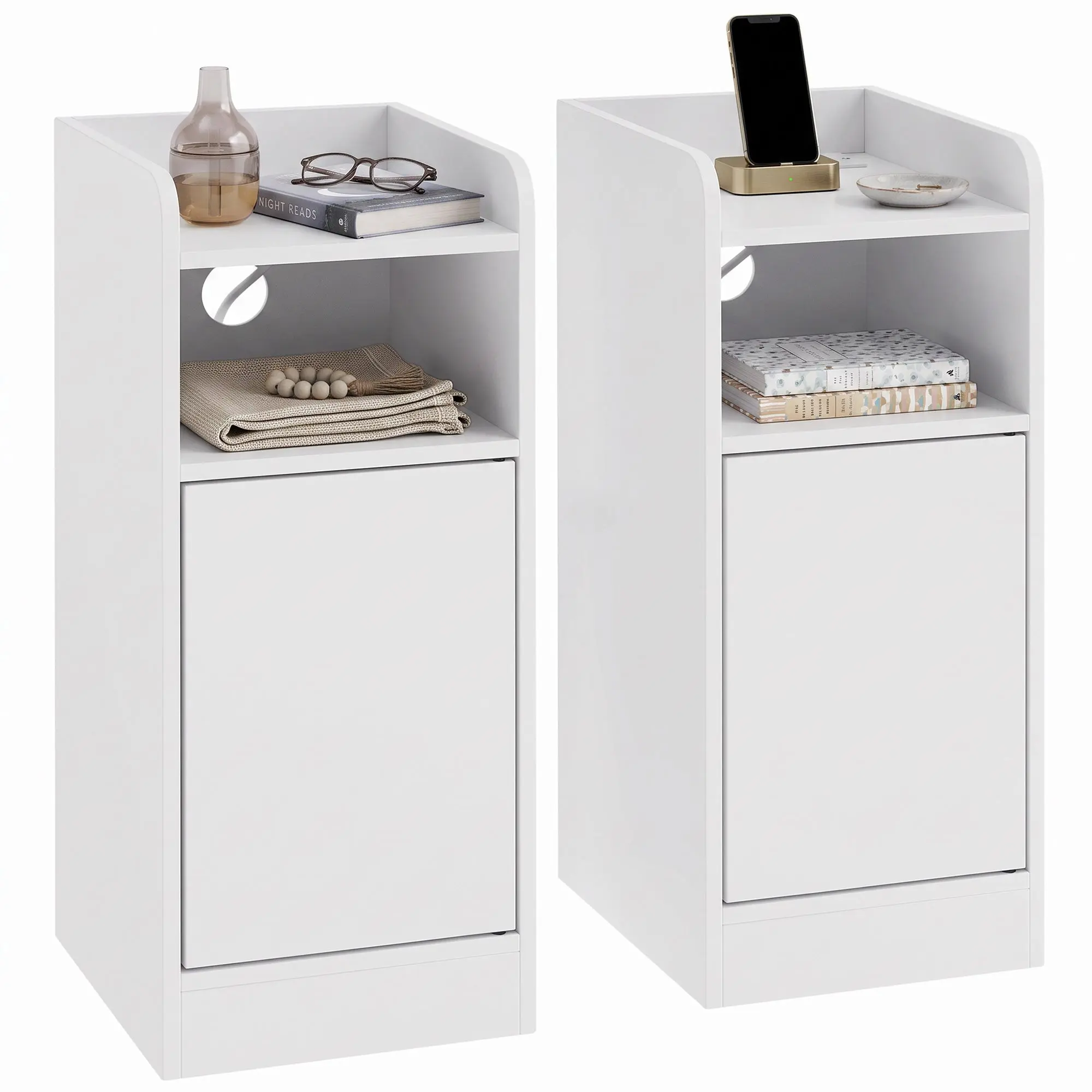 Pair of Slim Bedside Tables with USB Charging, Adjustable Shelf, White