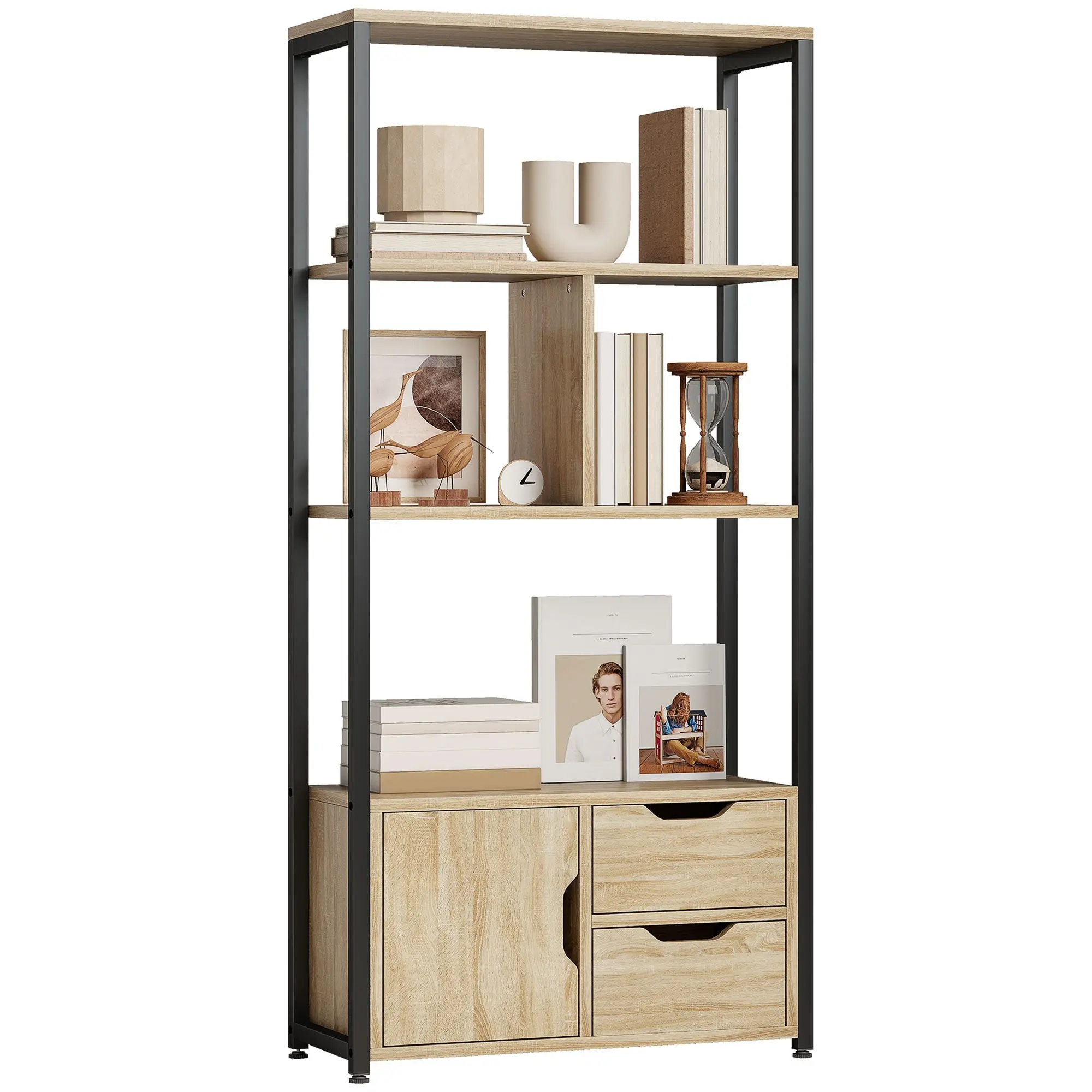 4-Tier Ladder Bookshelf with Cabinet & Drawers, Metal Frame Storage Shelves for Living Room or Home Office, Natural Wood