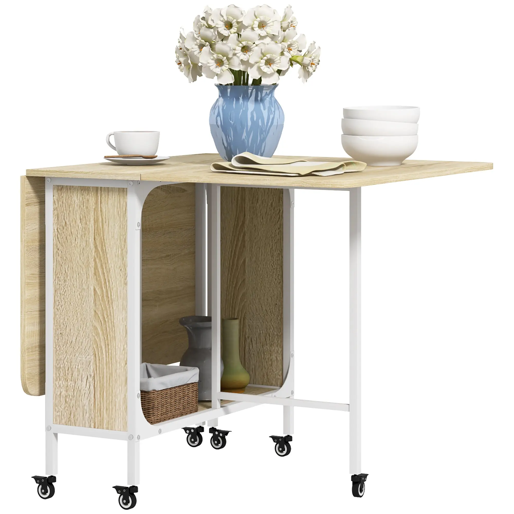 Mobile Drop Leaf Table, Folding Dining Table with 6 Wheels & Storage Shelf, Natural Wood Finish