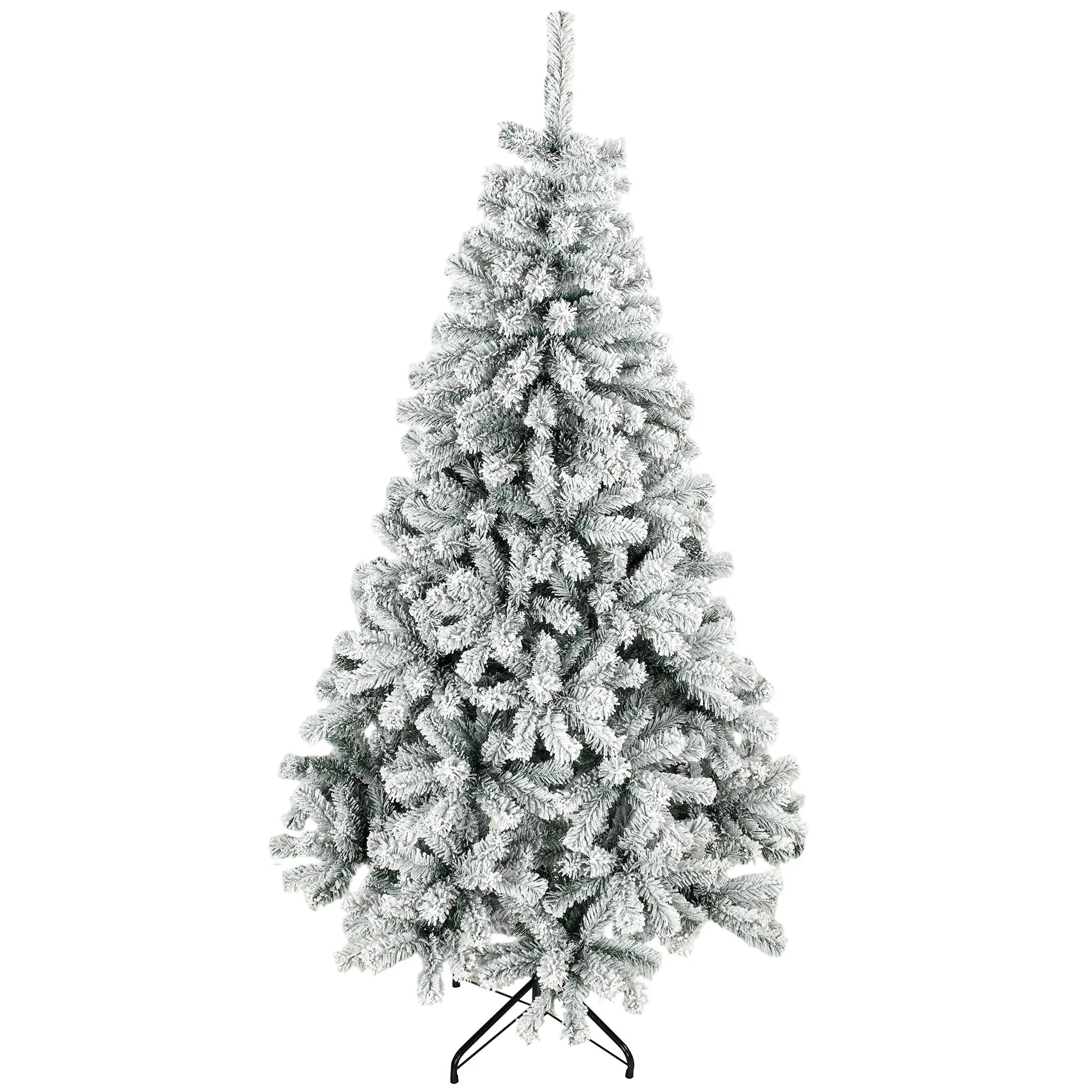 7ft Snow-Flocked Fir Tree, 1000 Tips, Hinged with Steel Stand, Green & White