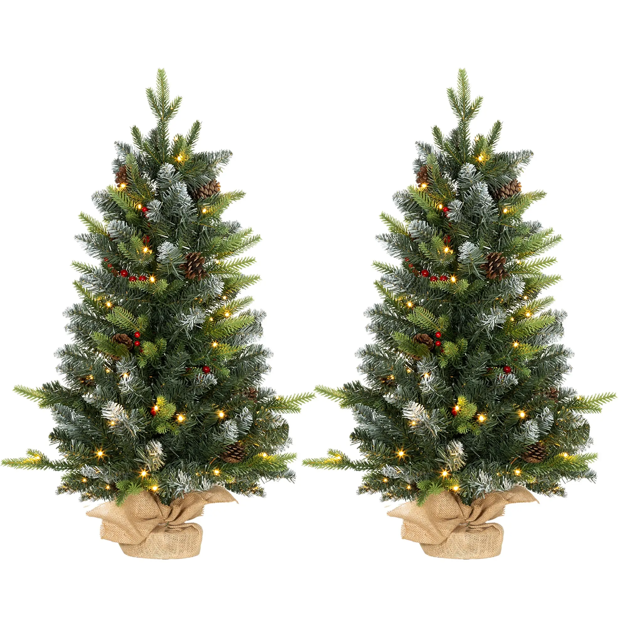 2-Pack 3ft Prelit Artificial Christmas Trees with LED Lights, Berries & Pinecones, 291 Tips, Concrete Bases