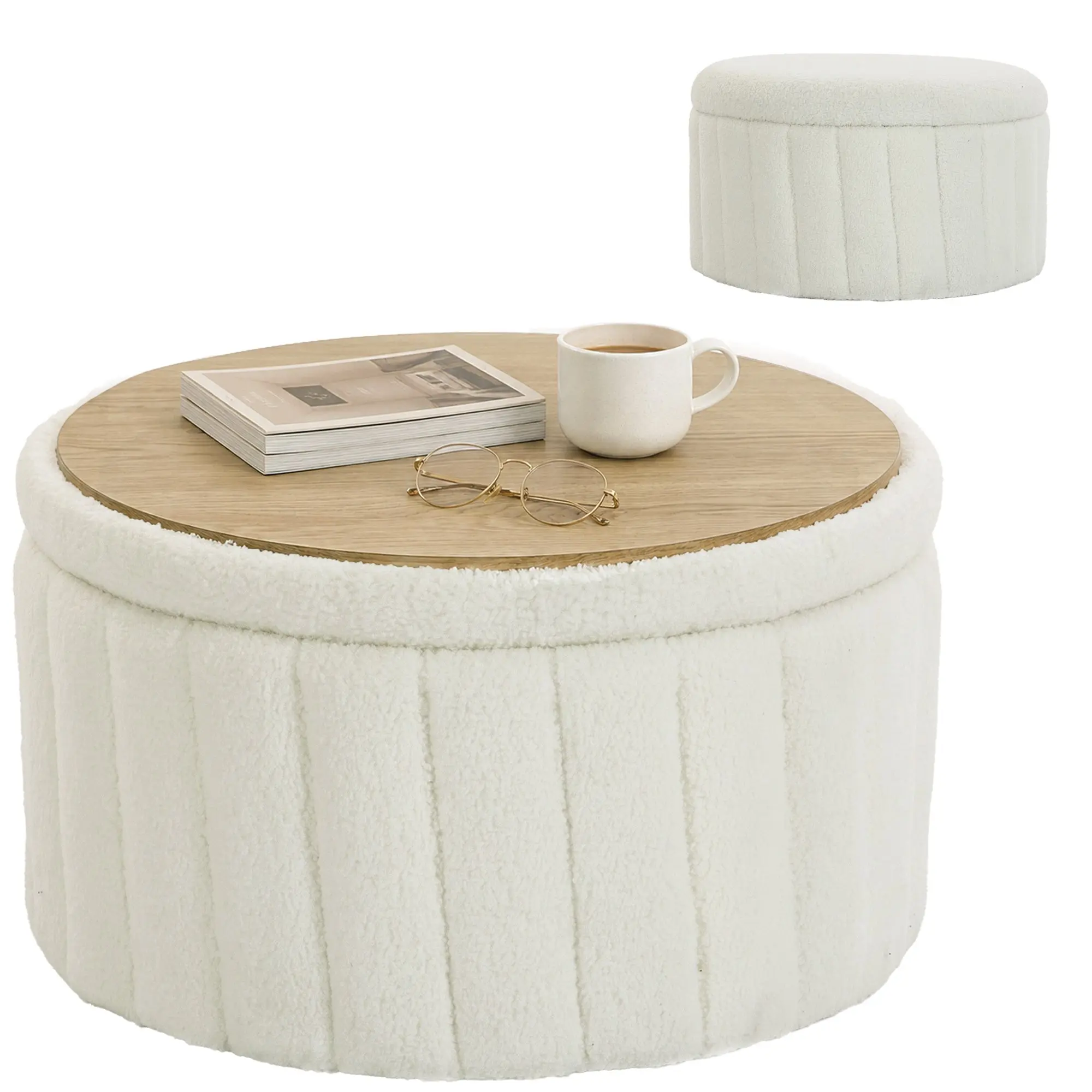 Round Coffee Table with Hidden Storage and Reversible Lid, Ottoman in Cream White