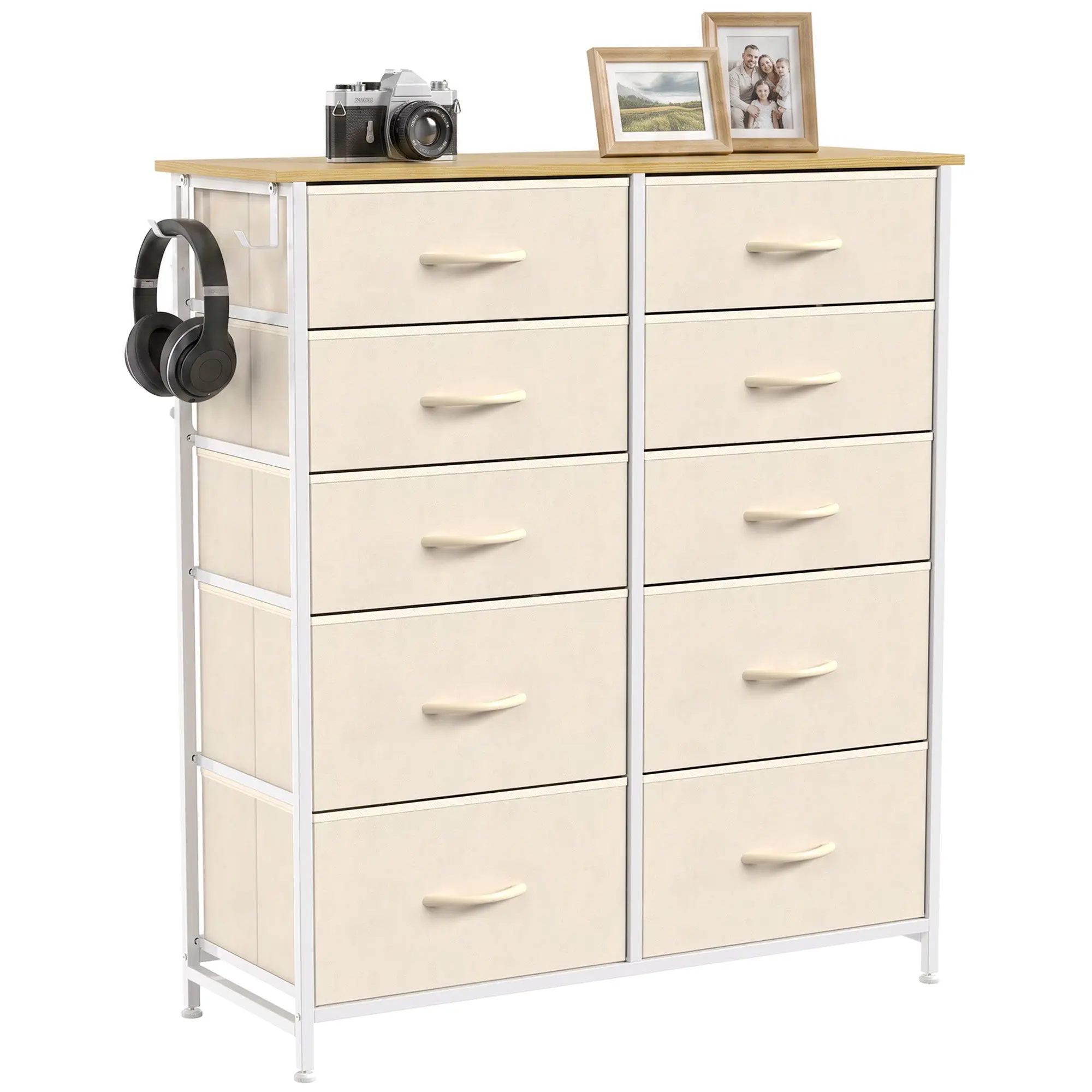 Tall Chest of Drawers with 10 Fabric Drawers, 4 Side Pockets & 2 Hooks, Beige
