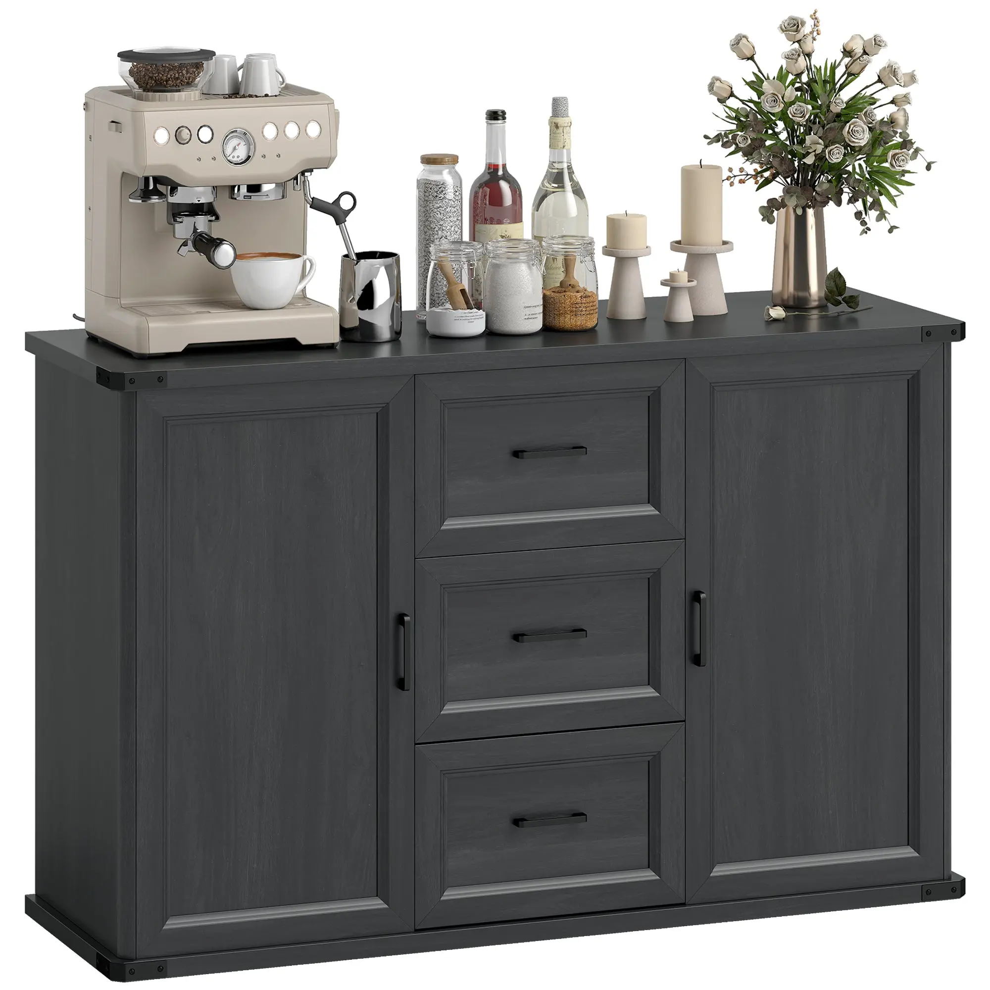 Modern Sideboard Buffet Cabinet with 3 Drawers and 2 Doors, 47" Coffee Bar Cabinet, Black Wood Grain