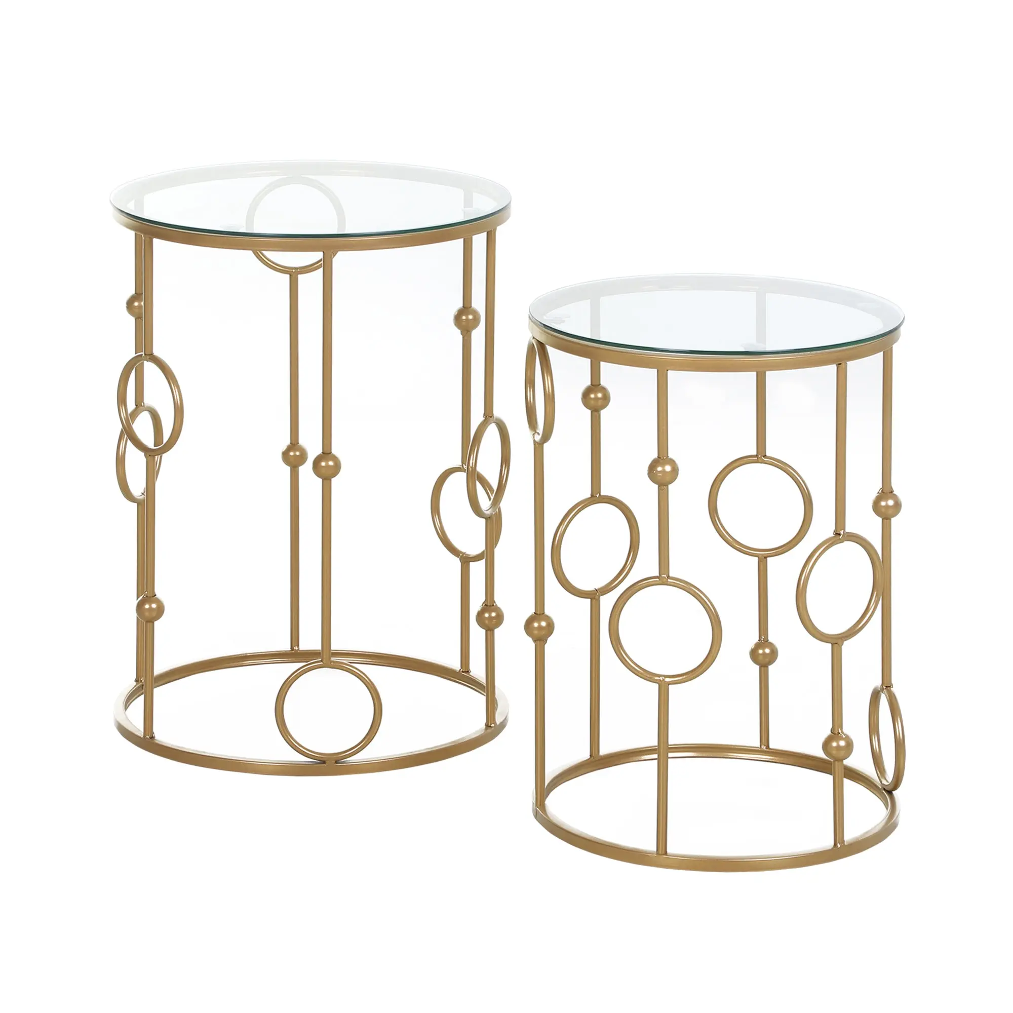 Set of 2 Round Nesting Tables with Glass Top and Steel Frame, Gold