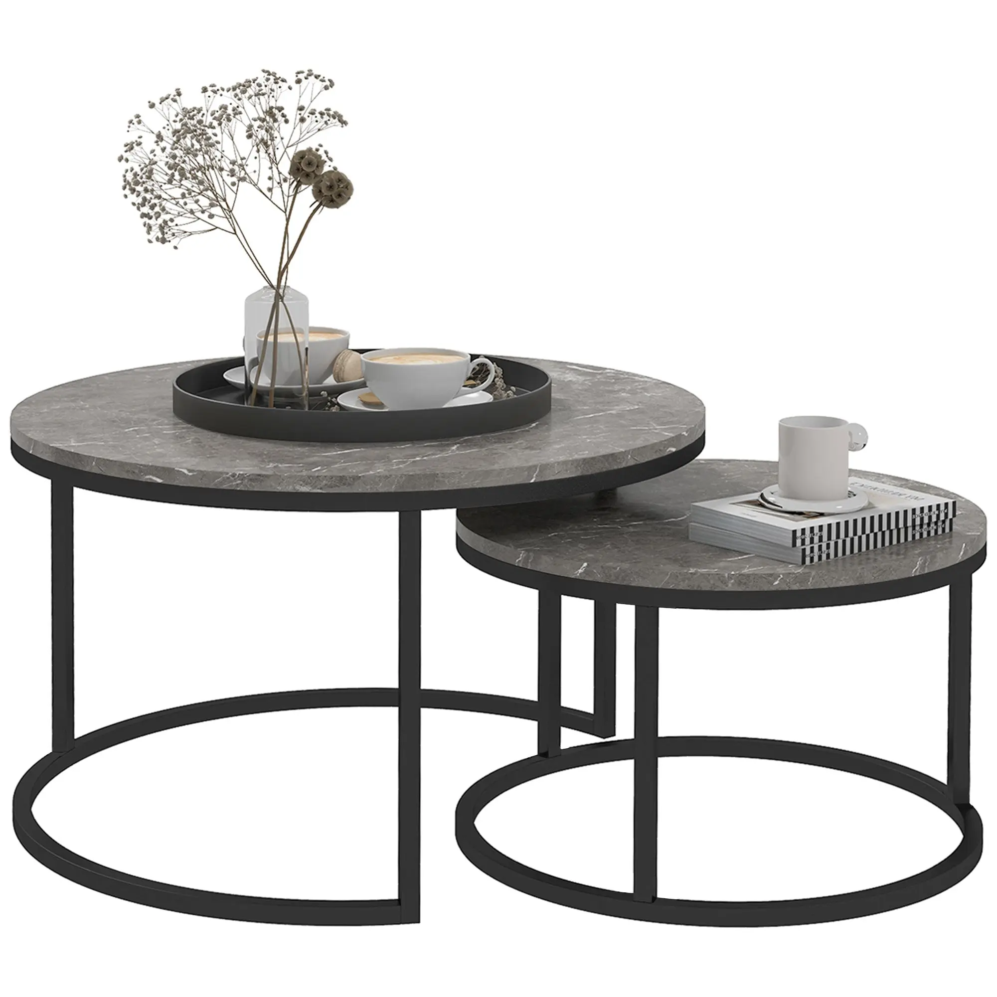 Set of 2 Round Coffee Table 31" Nesting Tables, Faux Marbled Grey
