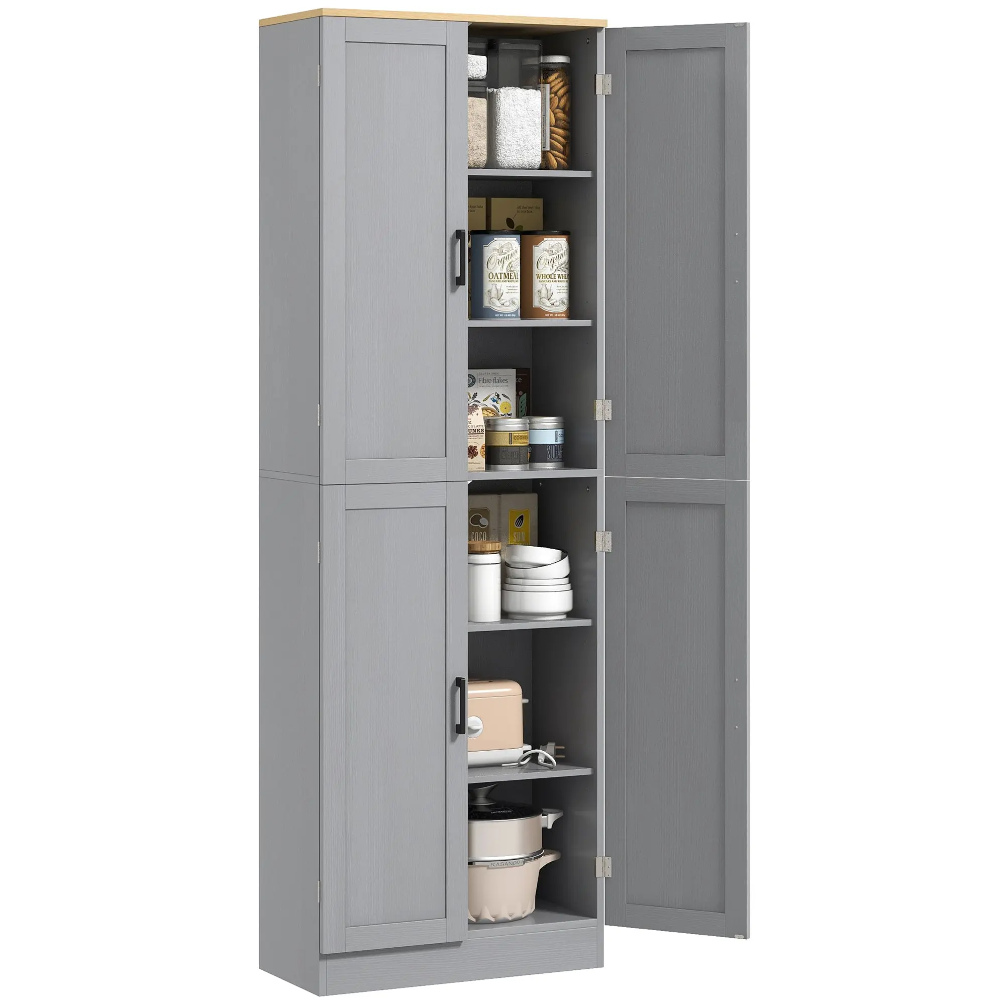 Freestanding Kitchen Pantry 4 Door Cabinet with Adjustable Shelves Distressed Gray