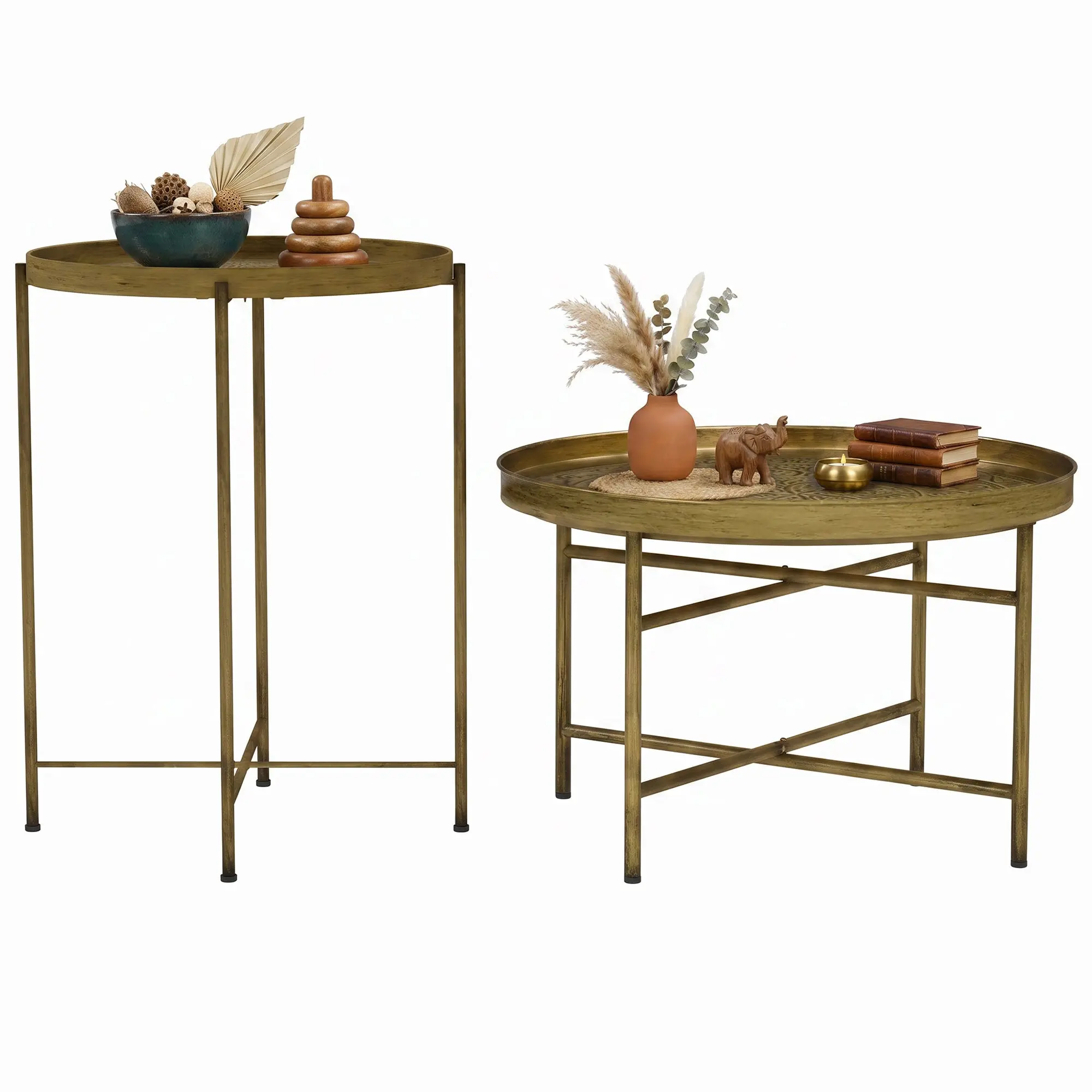 Round coffee table set with hammered tray tops & metal frame, vintage gold