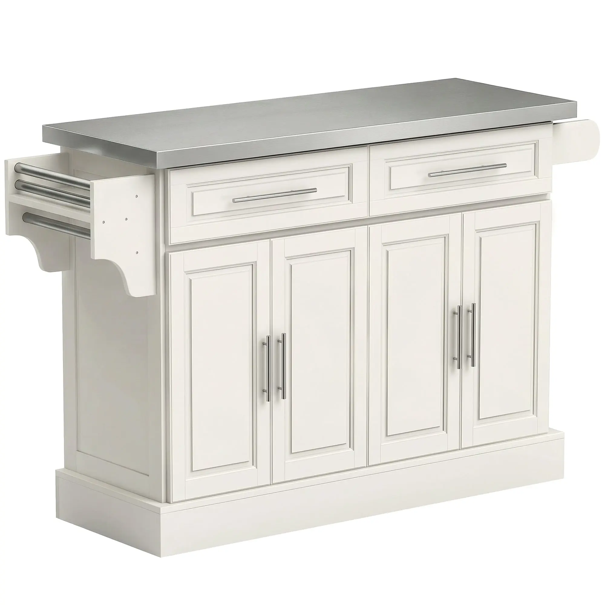 36" Stainless Steel Top Kitchen Island with Storage Drawers, Racks & Cabinets, Cream White