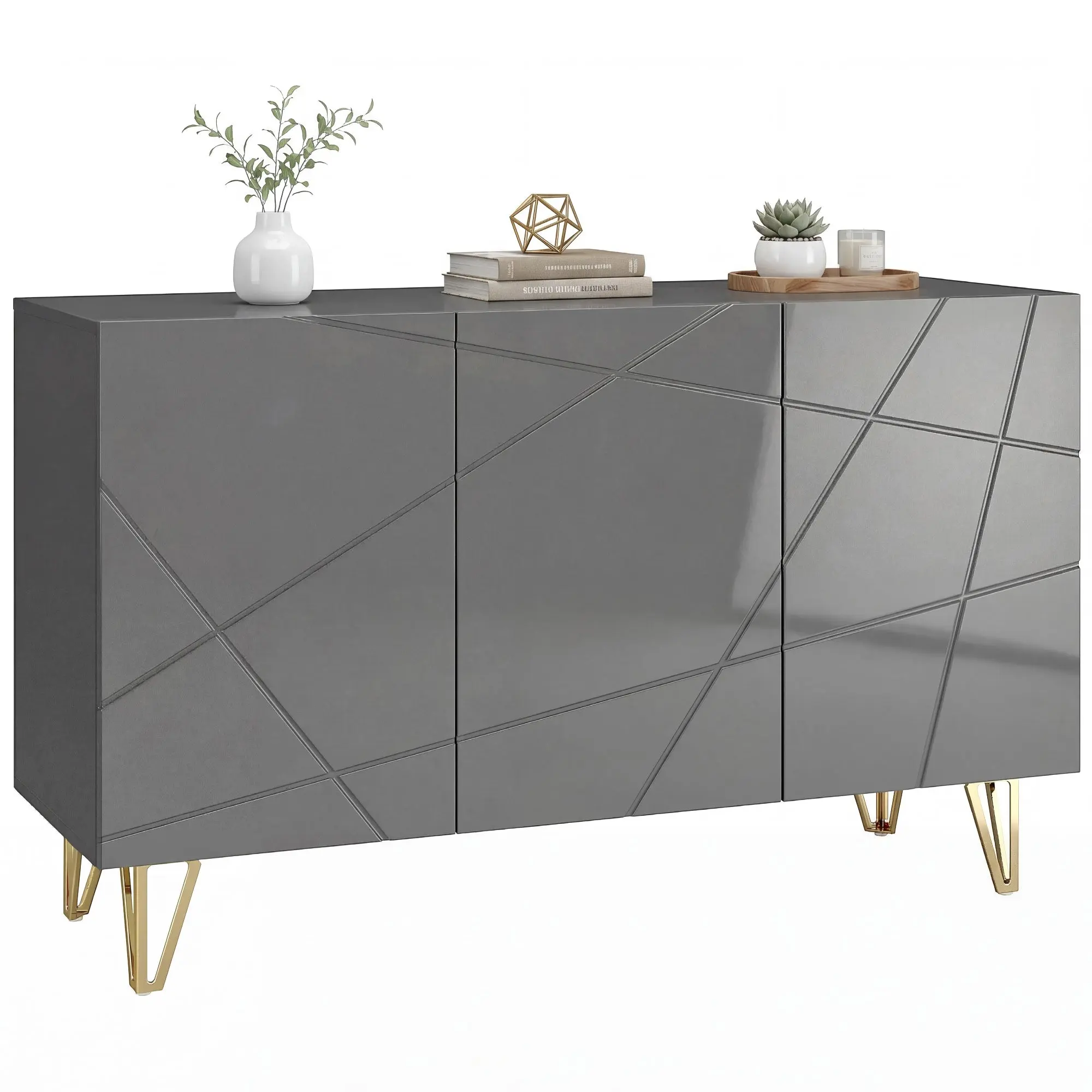 Storage Cabinet with Soft-Close Doors, Shelves & Gold Hairpin Legs, Grey