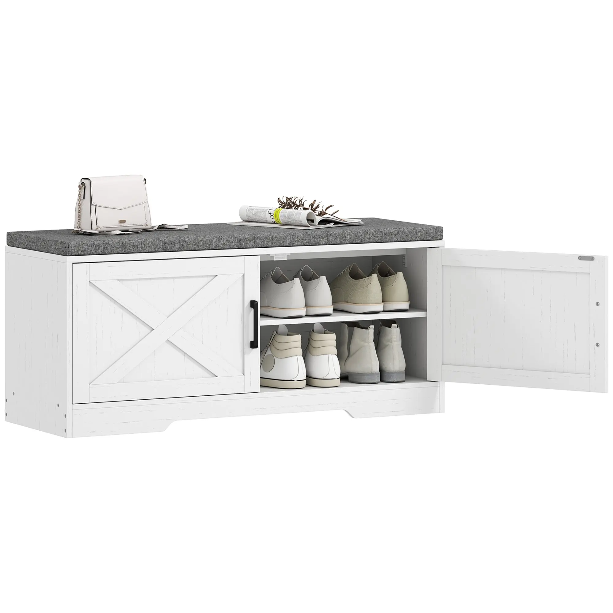 2-Tier Shoe Storage Bench with Cushion, Adjustable Shelves and 2 Doors, White