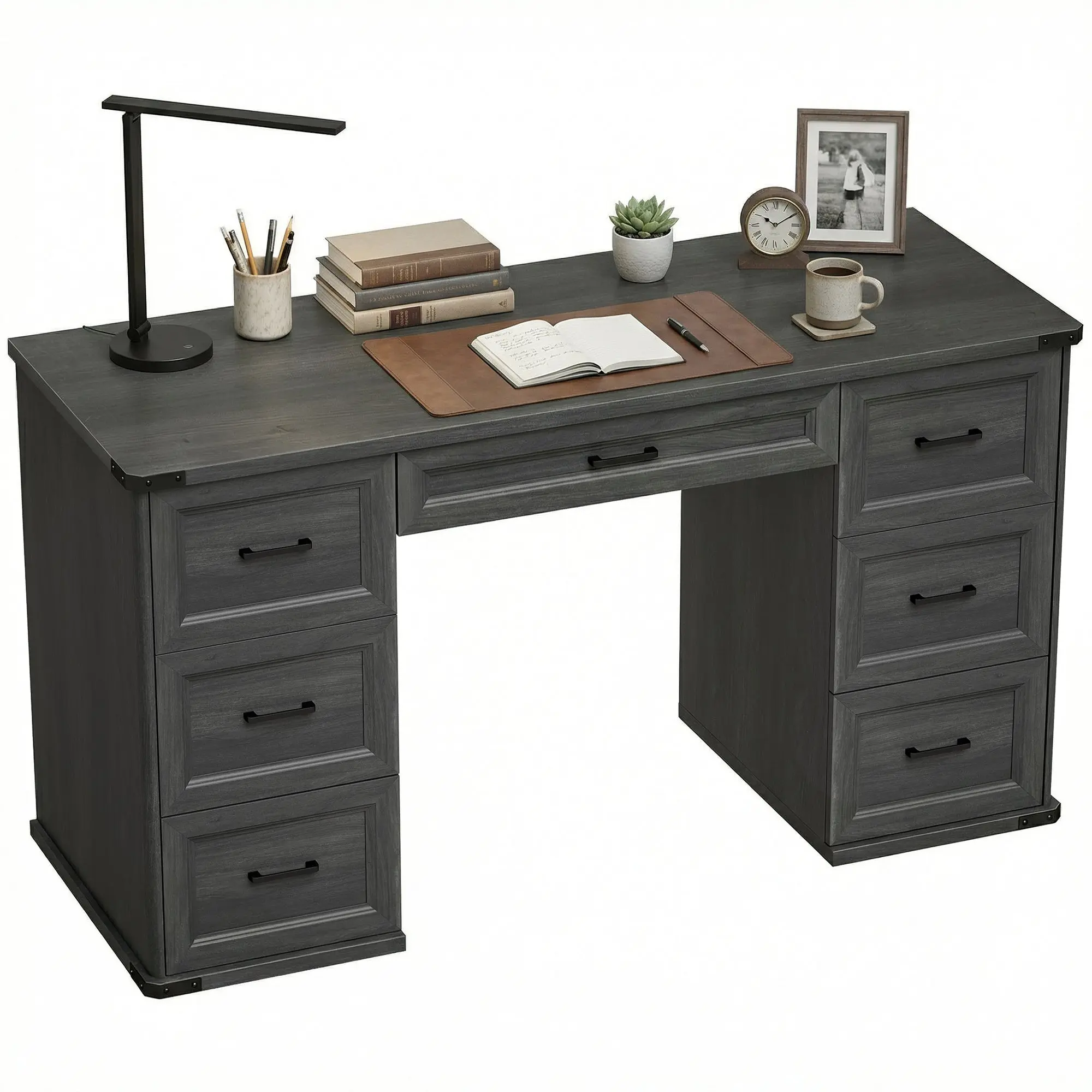 55" Farmhouse Executive Desk, Computer Desk with Drawers, Study Table for Home Office, Black Wood Grain