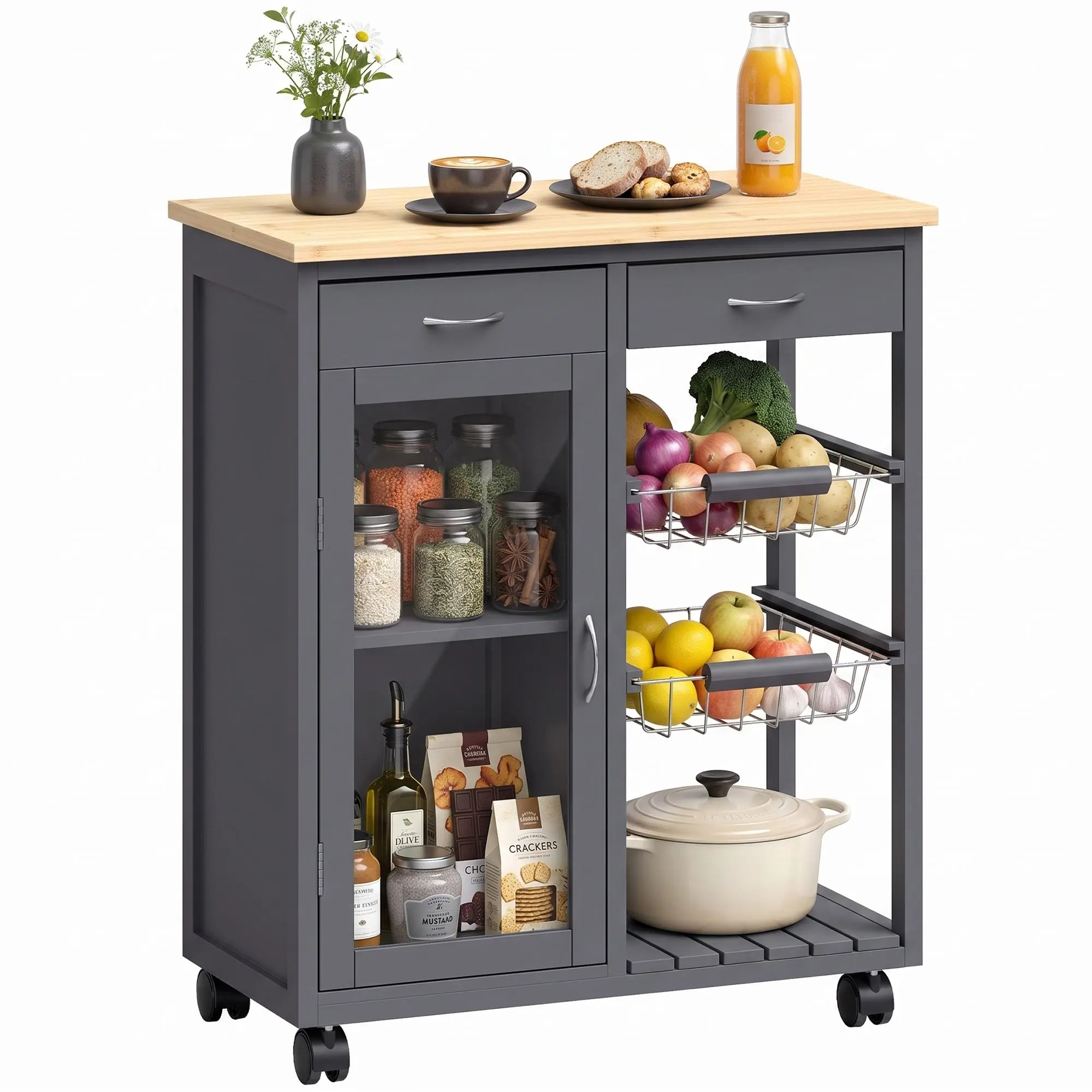 Bamboo Kitchen Island on Wheels with Glass Door, 2 Wire Baskets, 2 Drawers & Adjustable Shelf — 67 x 35 x 80 cm Grey
