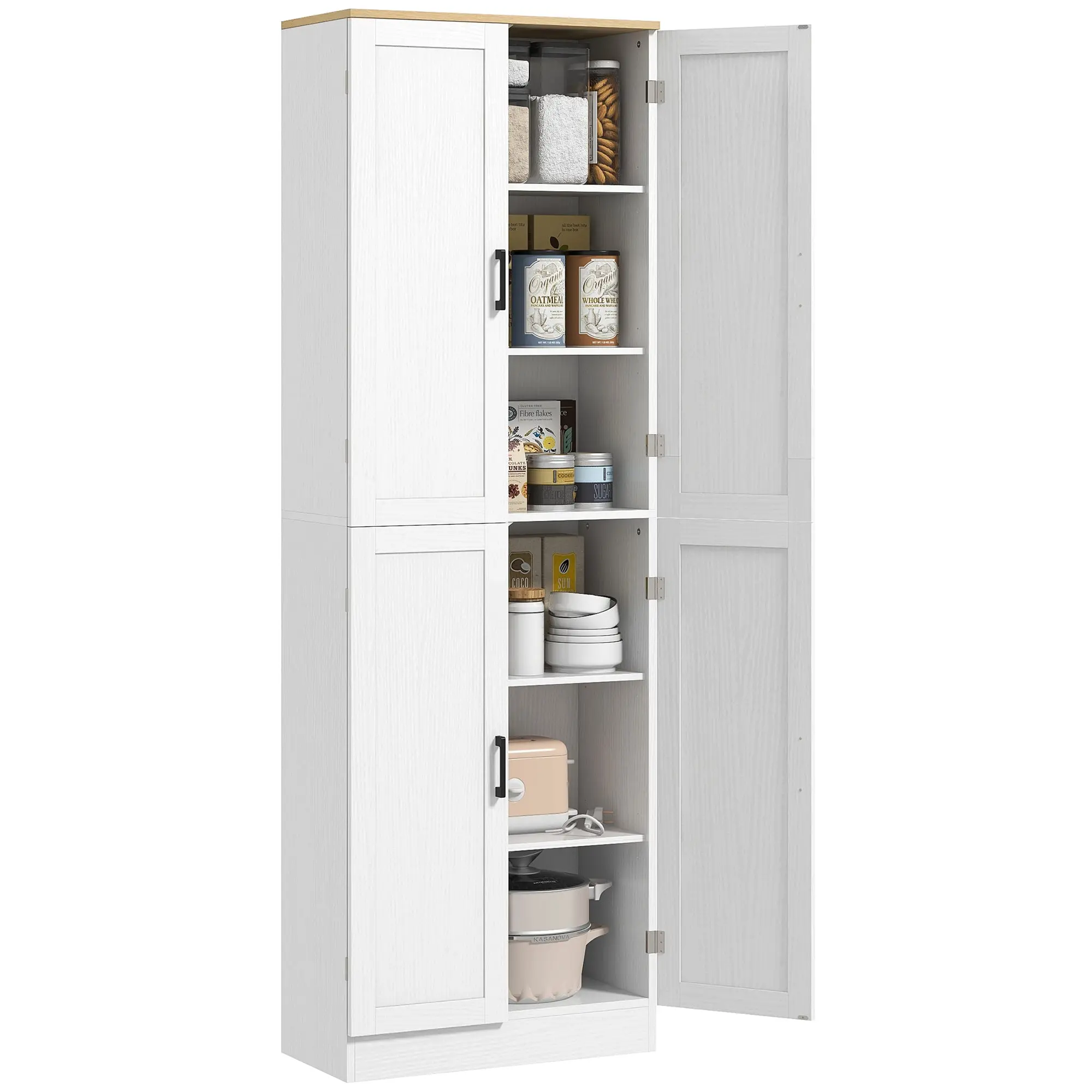 Freestanding Kitchen Pantry 4 Door Cabinet with Adjustable Shelves Distressed White