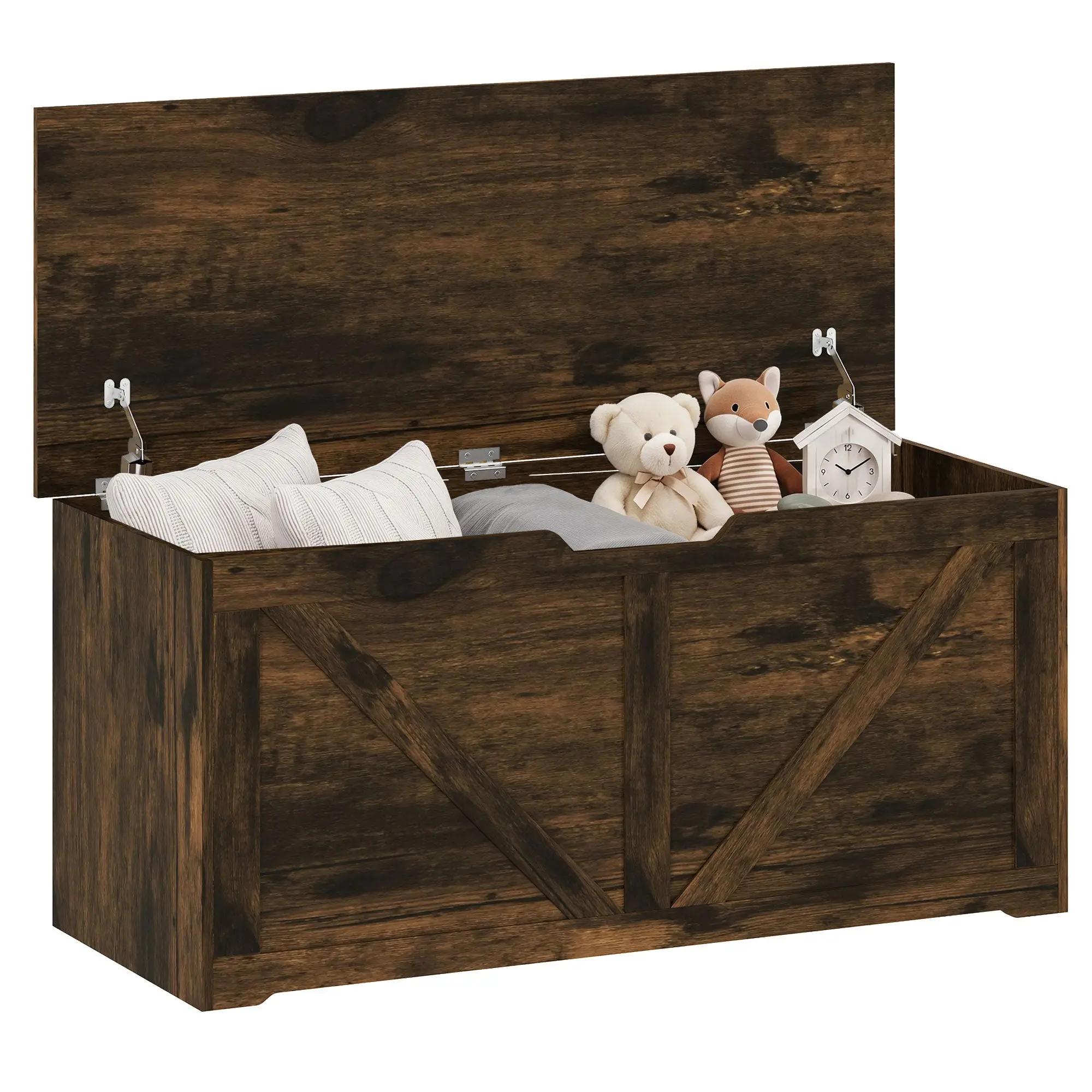127L Rustic Brown Storage Trunk Bench with Safety Hinges & U-Shaped Pull, 100 x 40 x 45 cm