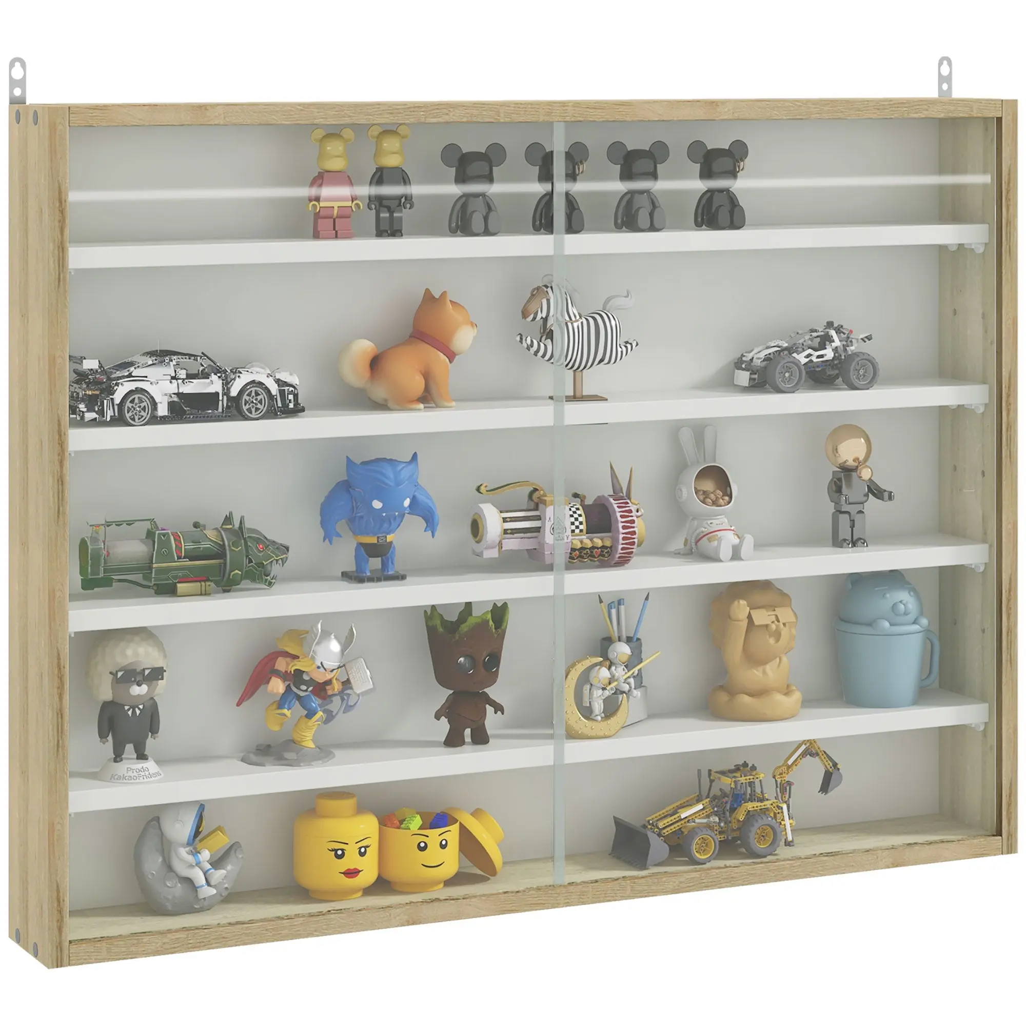 5-Tier Display Cabinet, Wall-Mounted Cabinet with Glass Door & Adjustable Shelves, Oak