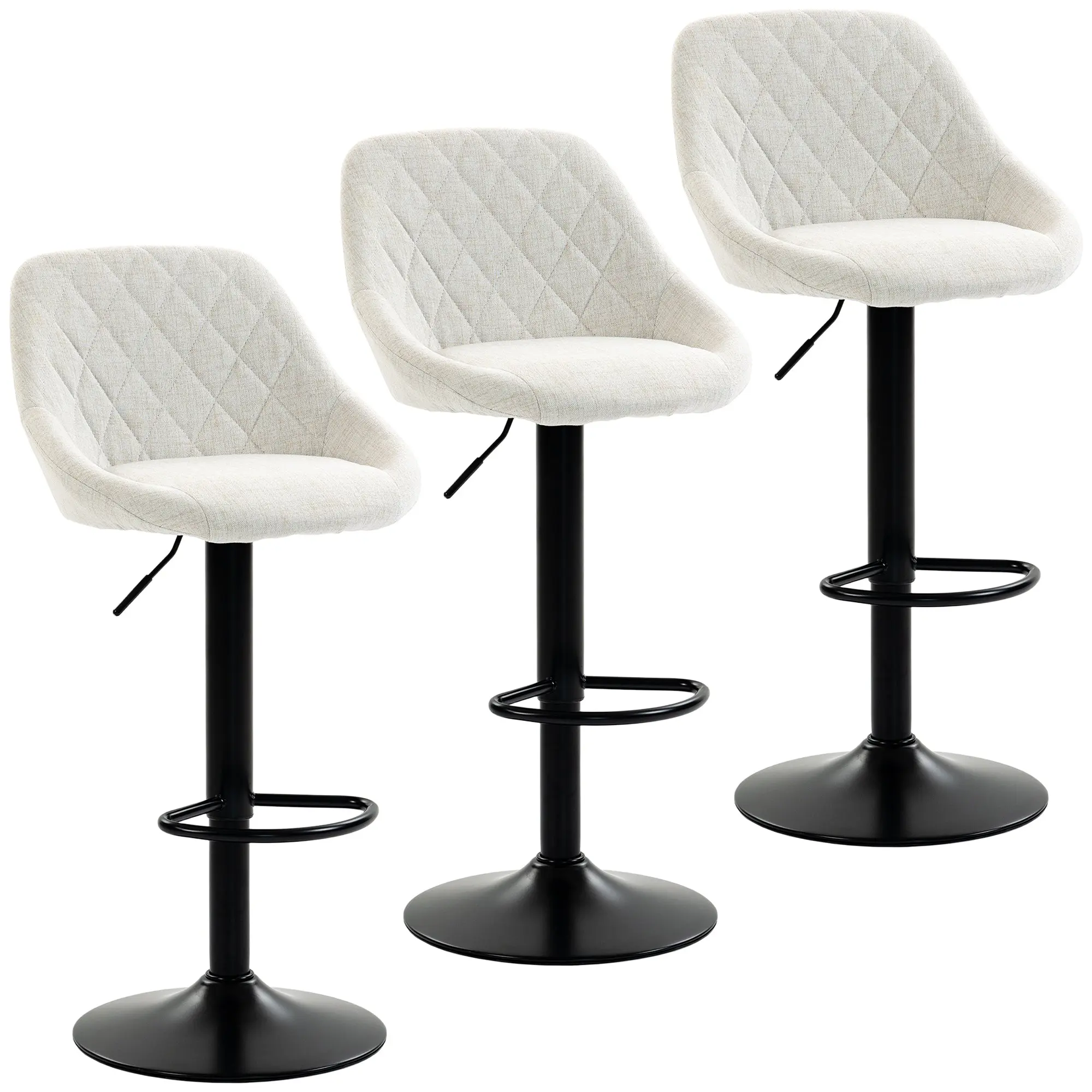 Set of 3 Swivel Counter Stools with Back, Adjustable Linen-Look, Cream White