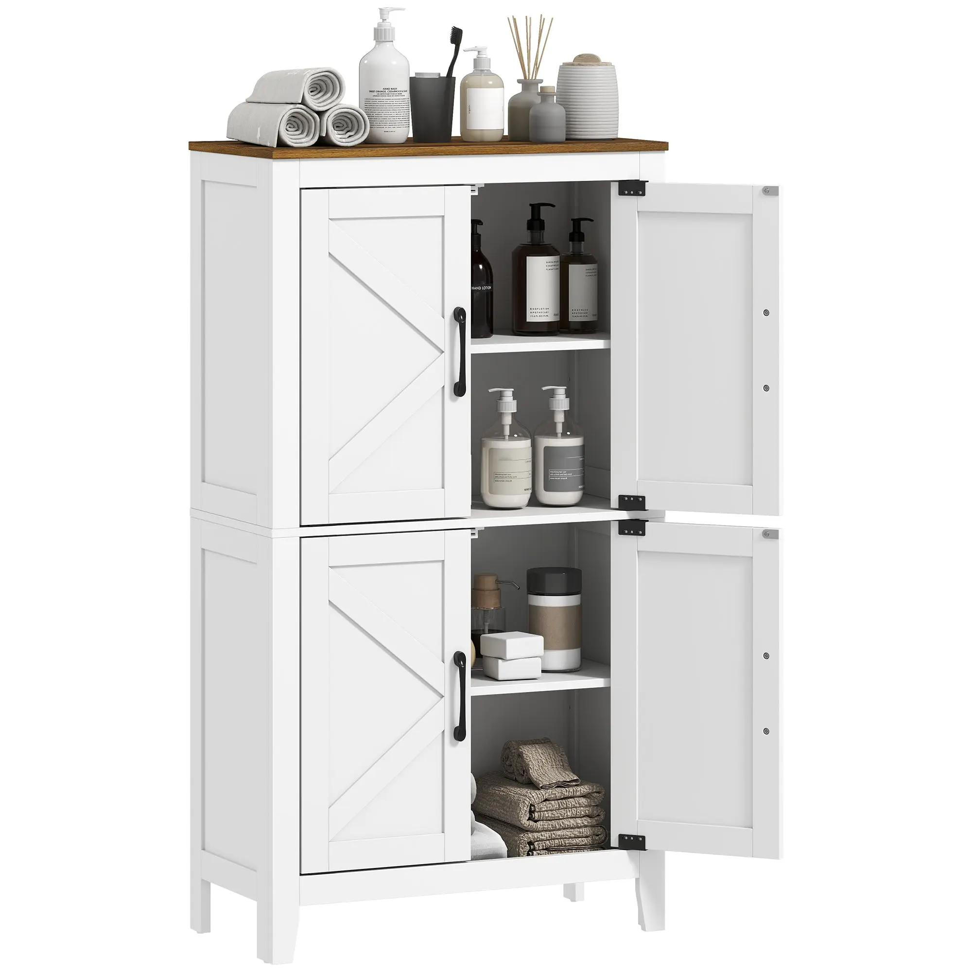 Farmhouse Bathroom Floor Cabinet with Barn Doors and Adjustable Shelves, White