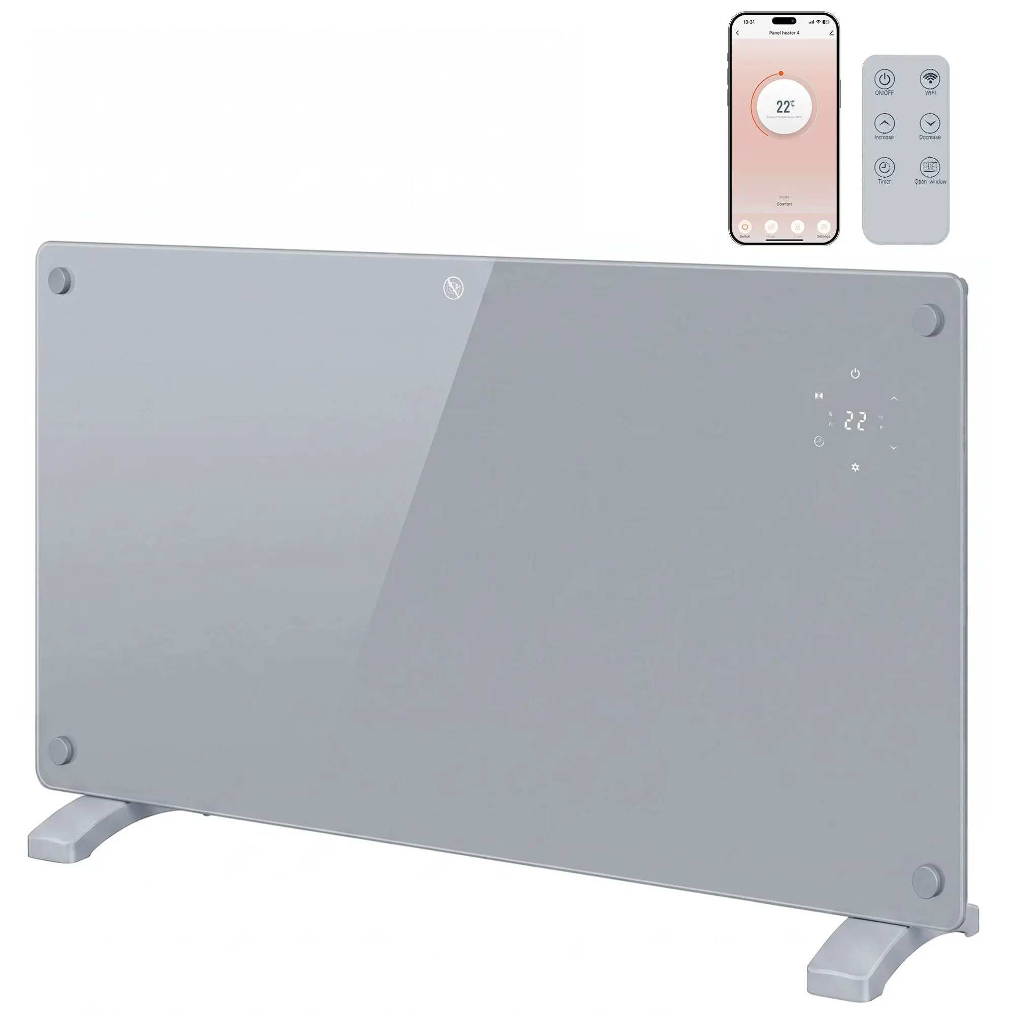 1500W Smart Panel Heater Wall or Freestanding with WiFi, Weekly Timer, Grey