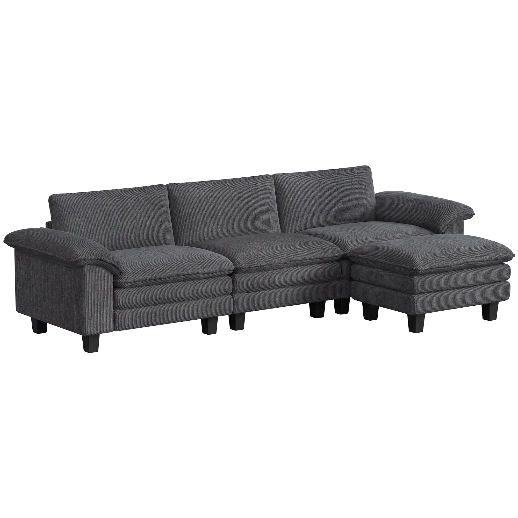 124" L Shaped Sectional Sofa with Movable Ottoman, 3 Seat, 2200lb Capacity, Dark Gray
