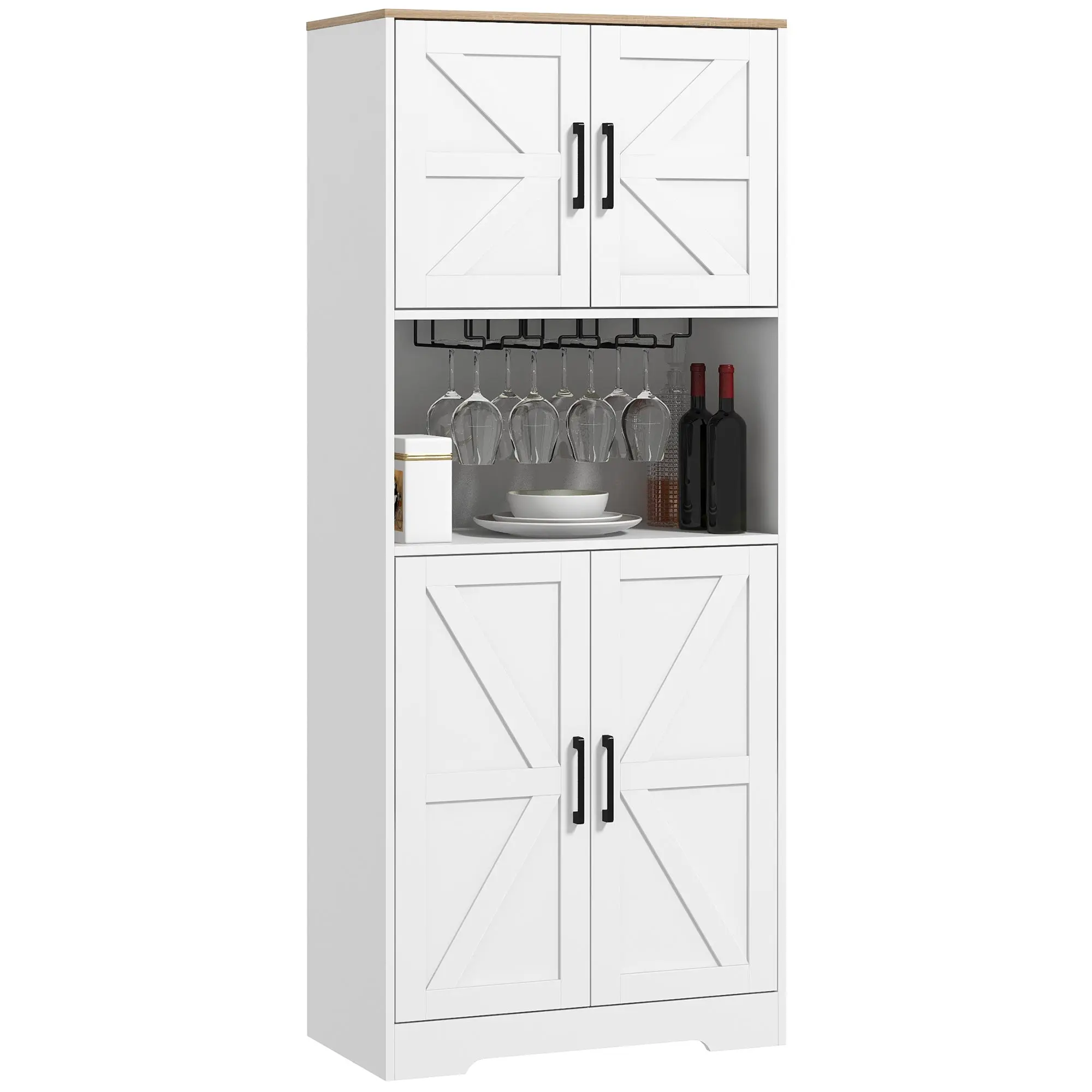 68" Farmhouse Pantry Cabinet with Microwave Countertop & Barn Doors, White