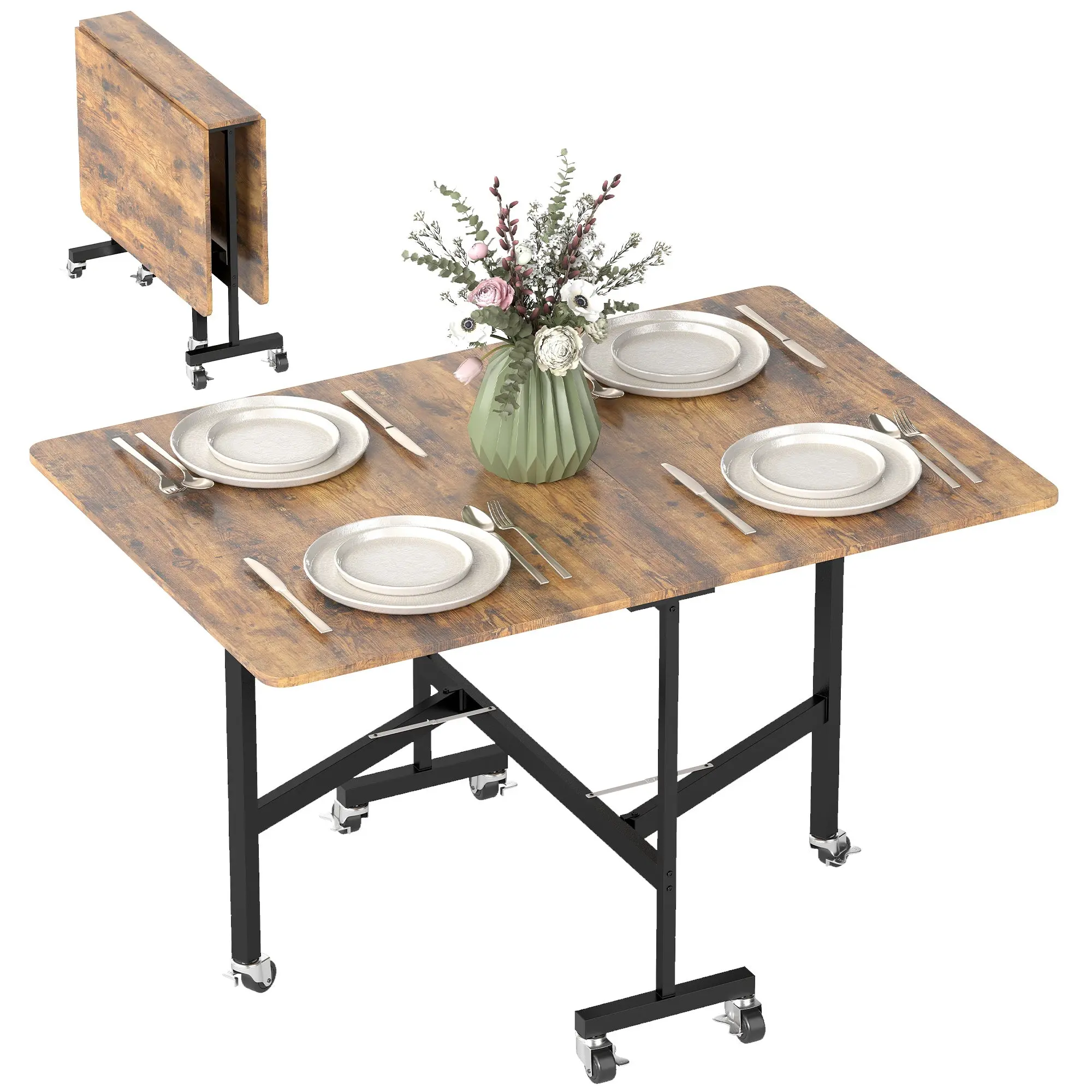 Space-Saving Drop-Leaf Dining Table with 6 Locking Wheels, 47.2" Rustic Brown