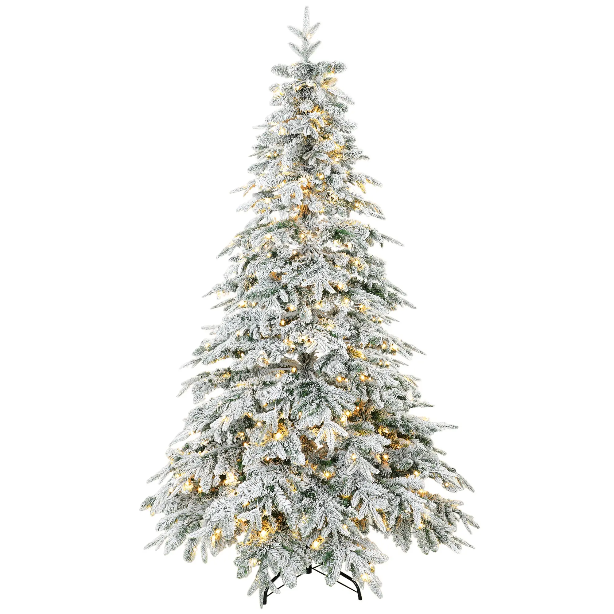 6ft Prelit Hinged Xmas Tree Green White Flocked, 350 LEDs, 8-mode timer & remote