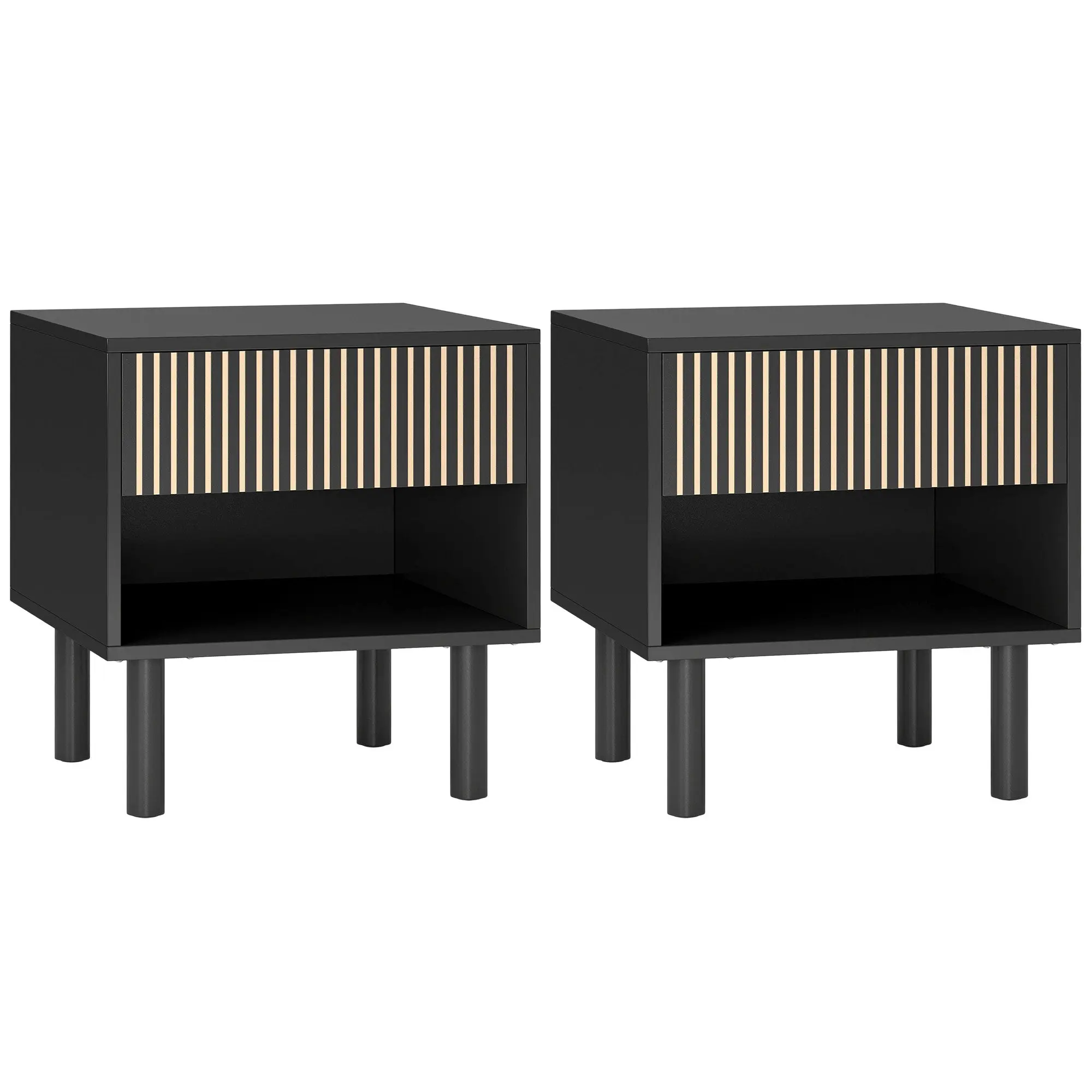 Set of 2 Modern Nightstands with Drawer & Open Shelf for Bedroom, Black