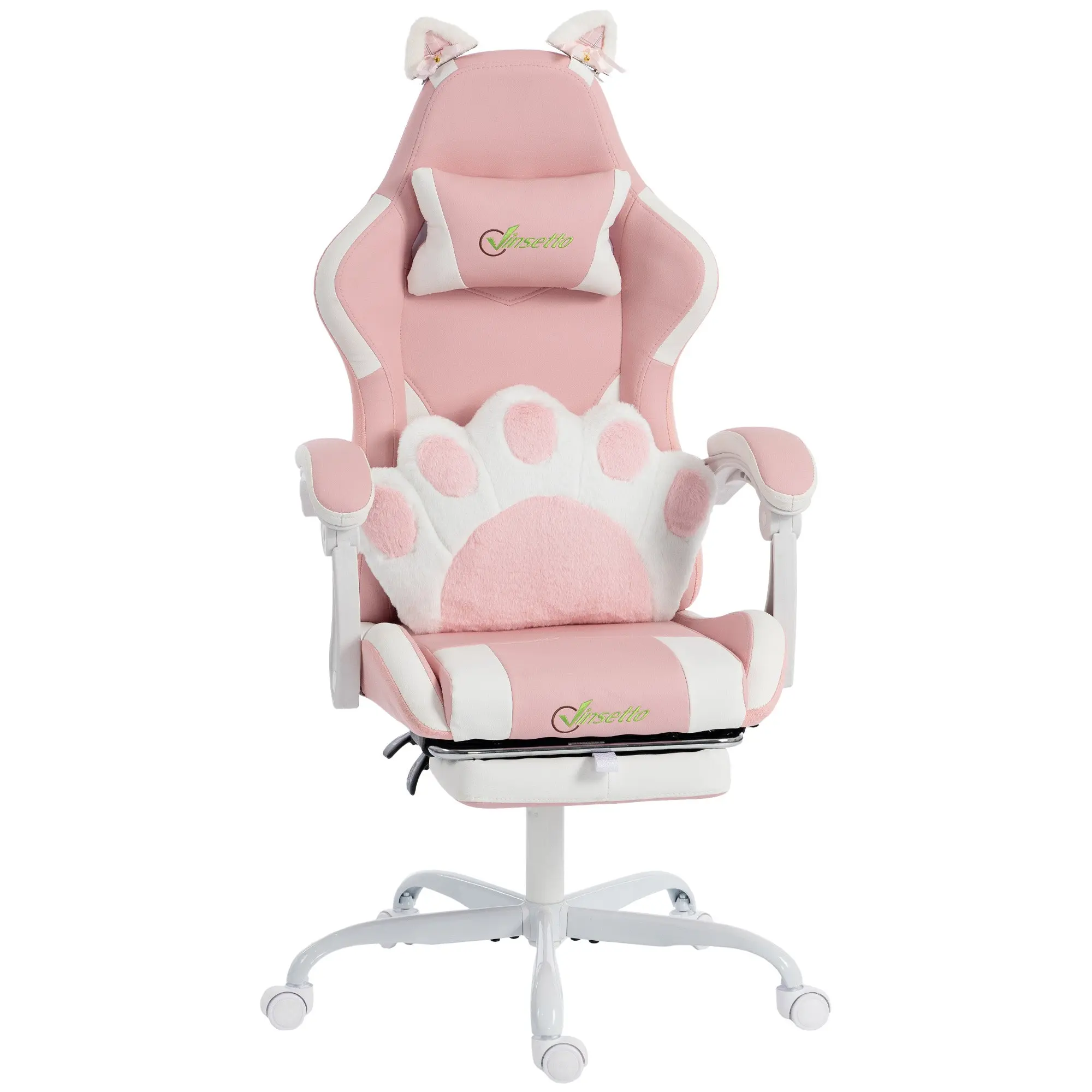Cute Cat-Ear Gaming Chair with Lumbar Support, Reclining Back & Footrest, Pink