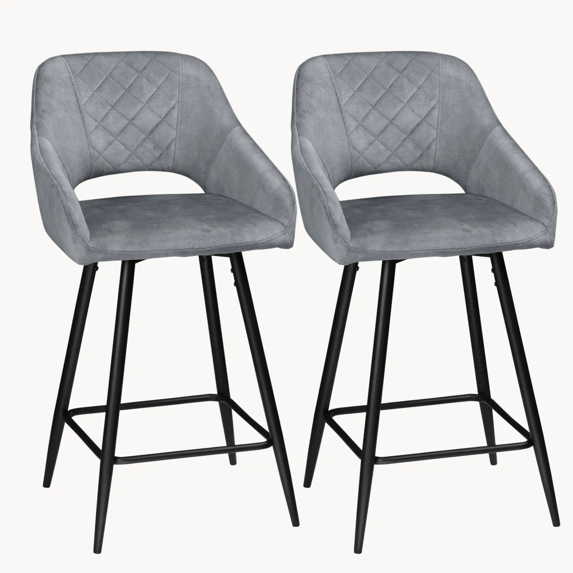 Aura Velvet Bar Stools Set of 2, Velvet-feel Fabric Counter Height Chairs with Steel Legs, Grey