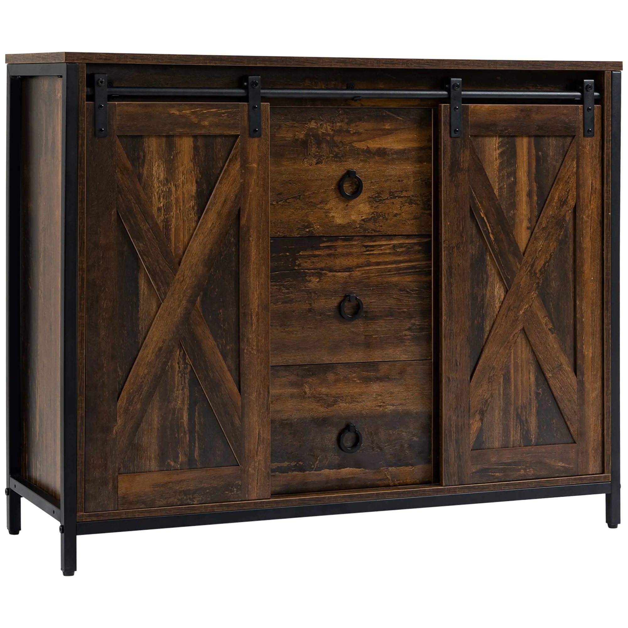 Buffet Cabinet Kitchen Sideboard with Sliding Barn Doors, Brown