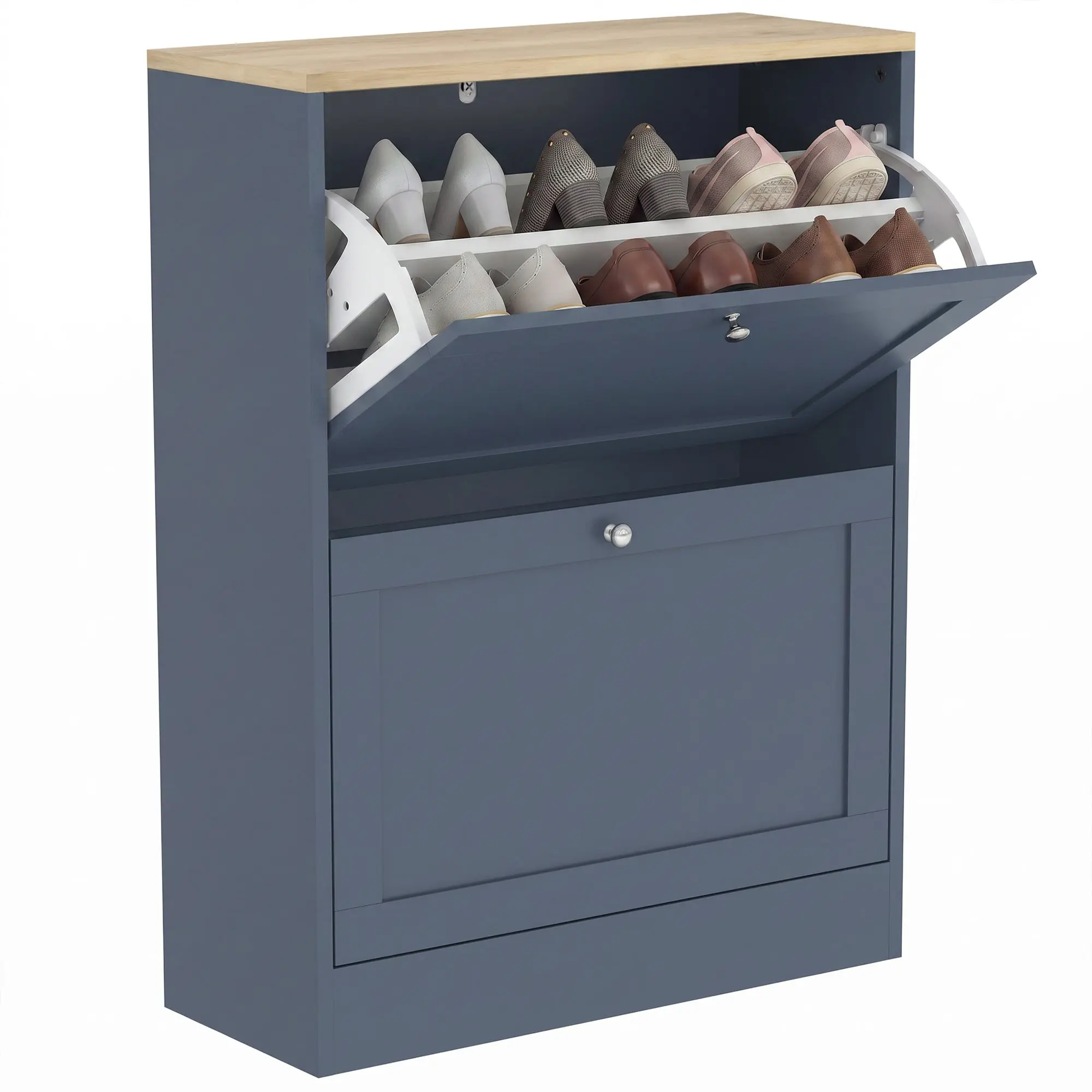 Slim 2-Drawer Flip Shoe Cabinet with Adjustable Shelves for 8-12 Pairs, Blue
