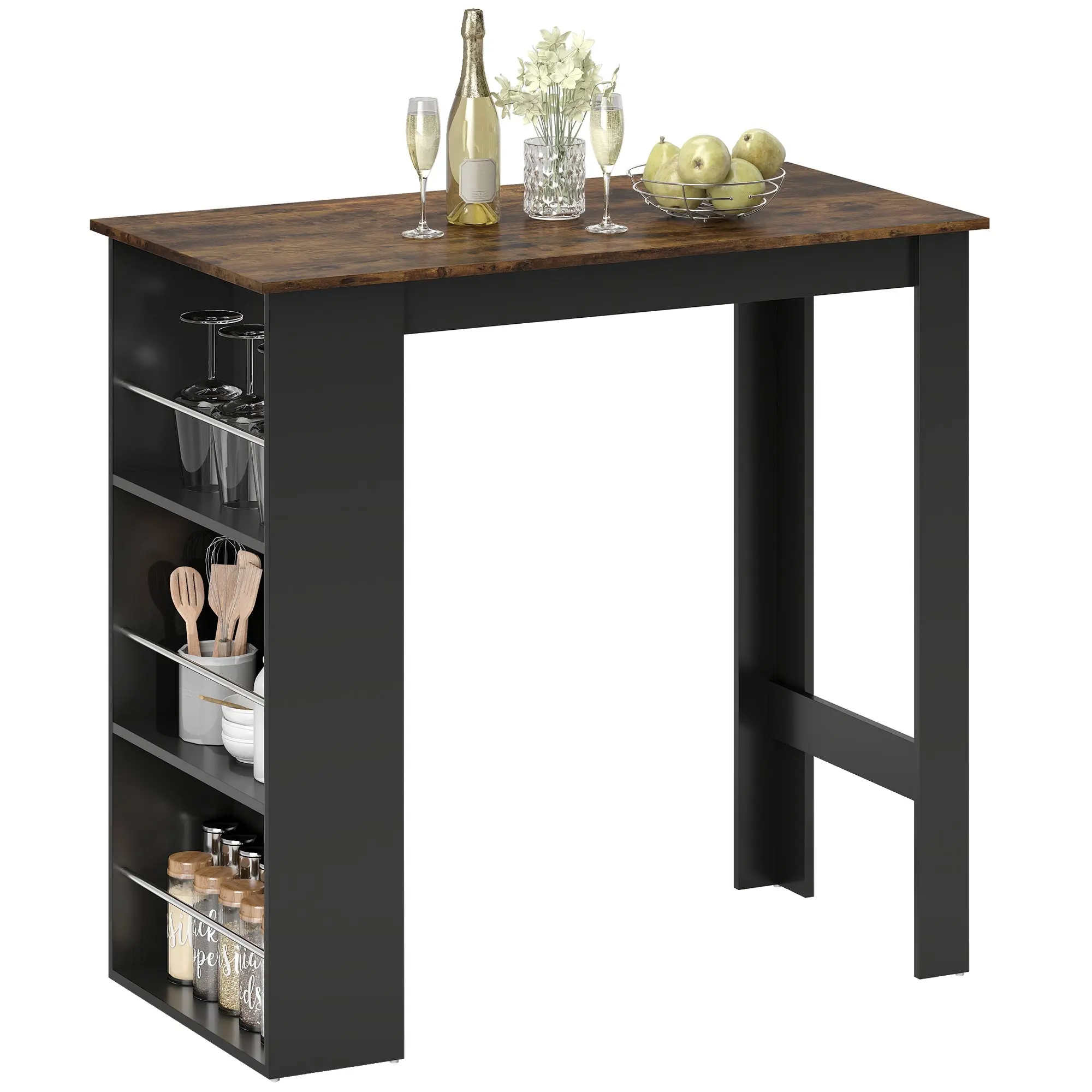 Modern Bar Table, Counter Height Dining Table with 3 Storage Shelves for Kitchen, Rustic Brown