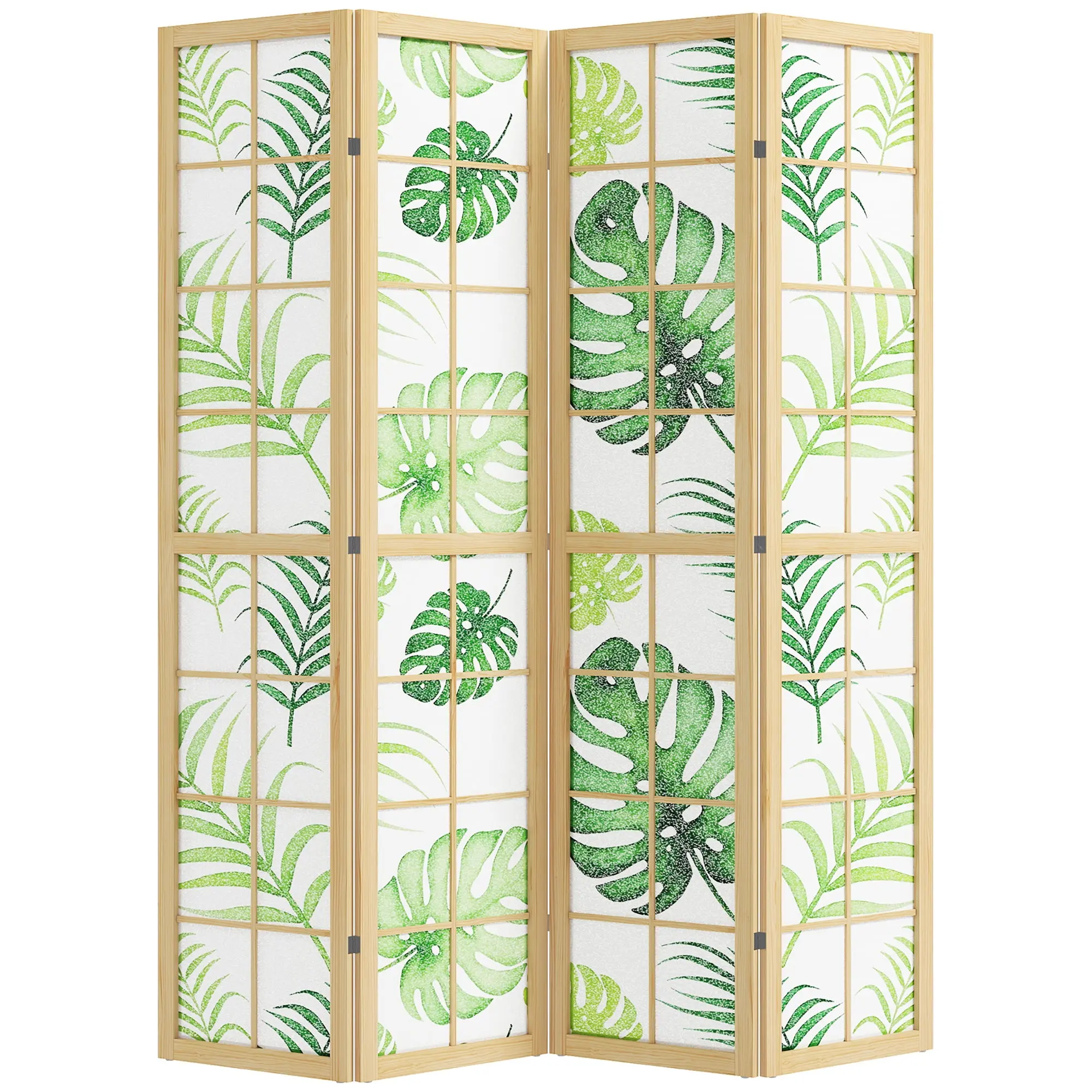 Boho Palm Leaf Folding Privacy Screen, 4 Panel Room Divider, Natural and Green