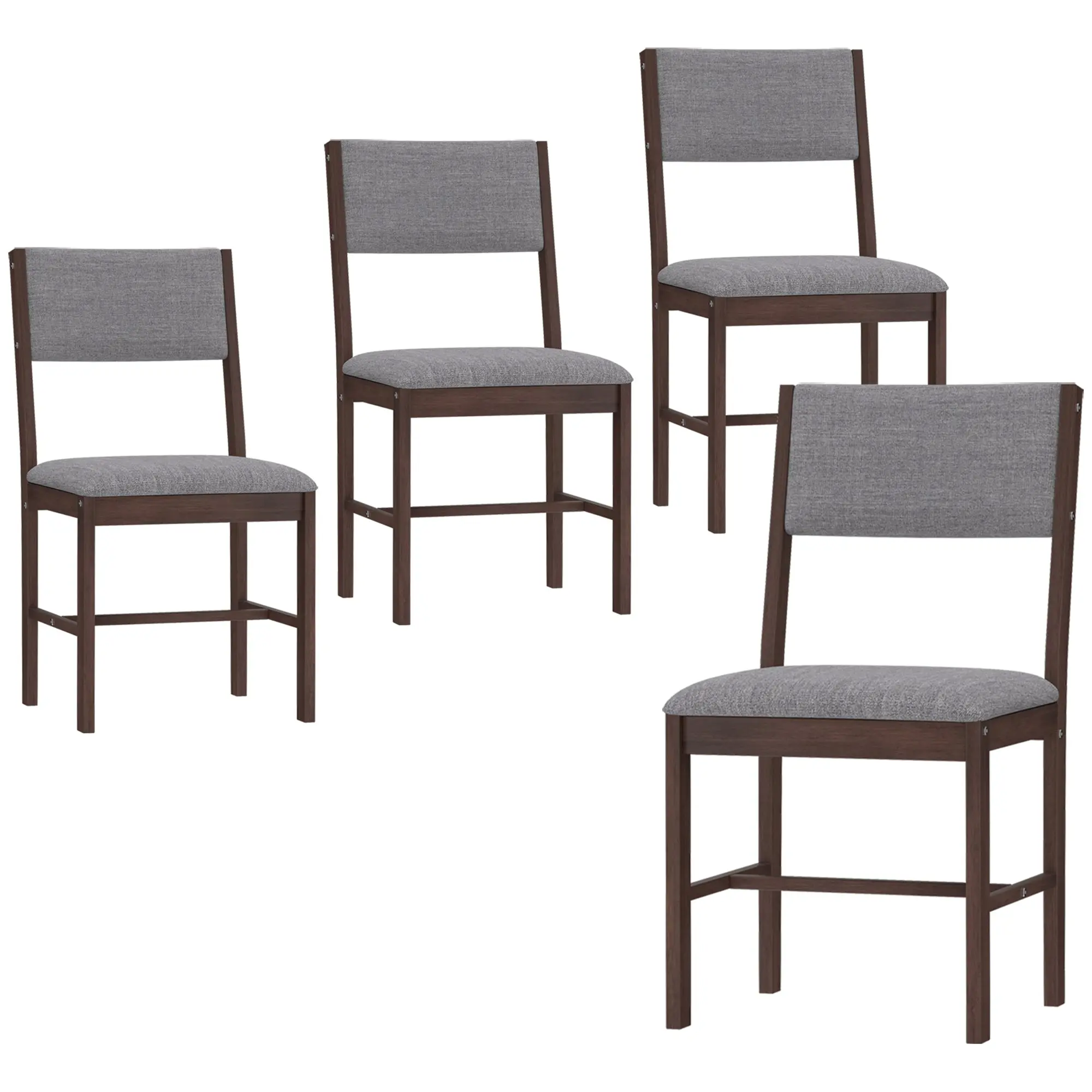 Set of 4 Linen Upholstered Dining Chairs with Rubberwood Legs in Walnut & Gray